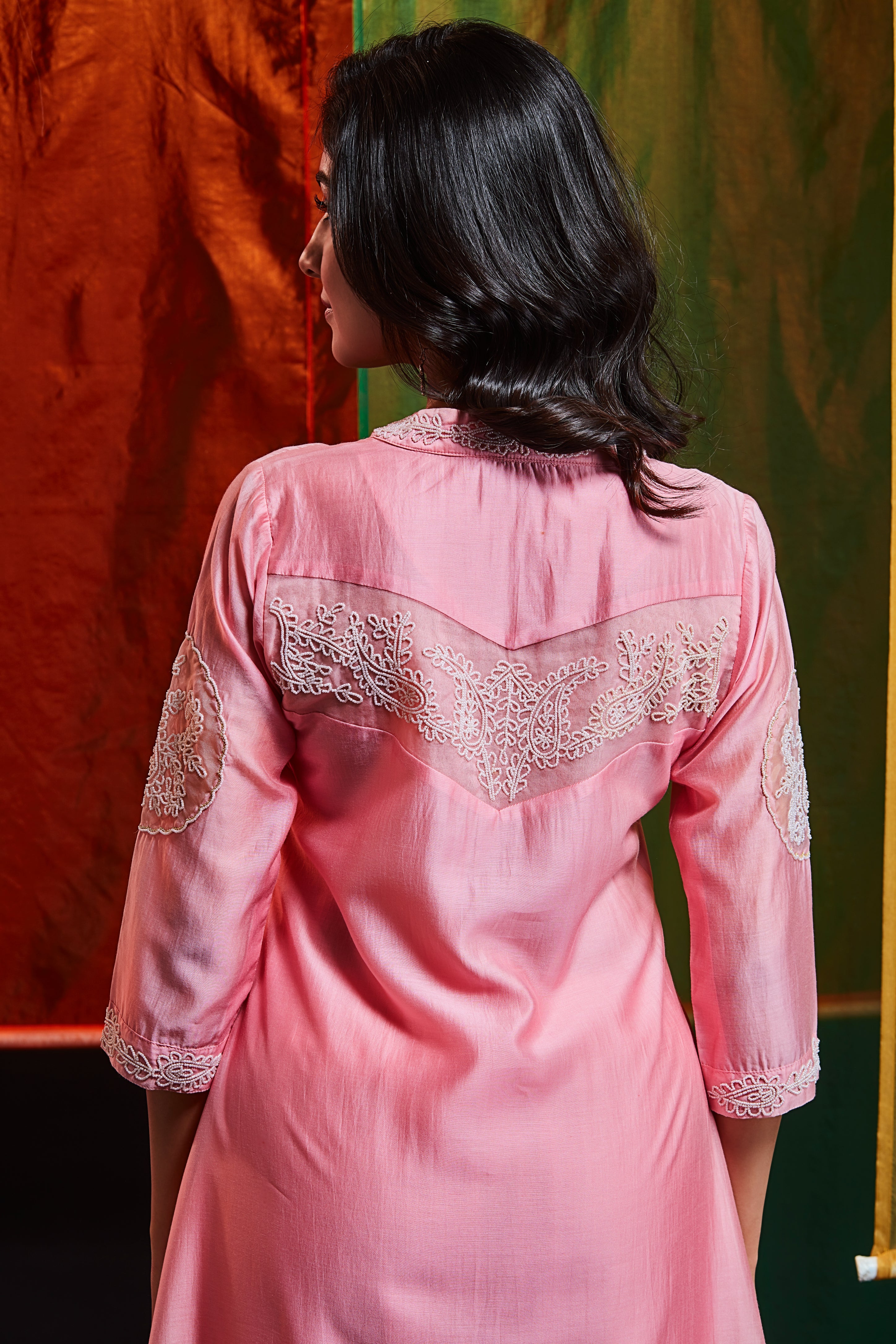 Blush Pink Silk Kurta Set with Sleeve Embroidery