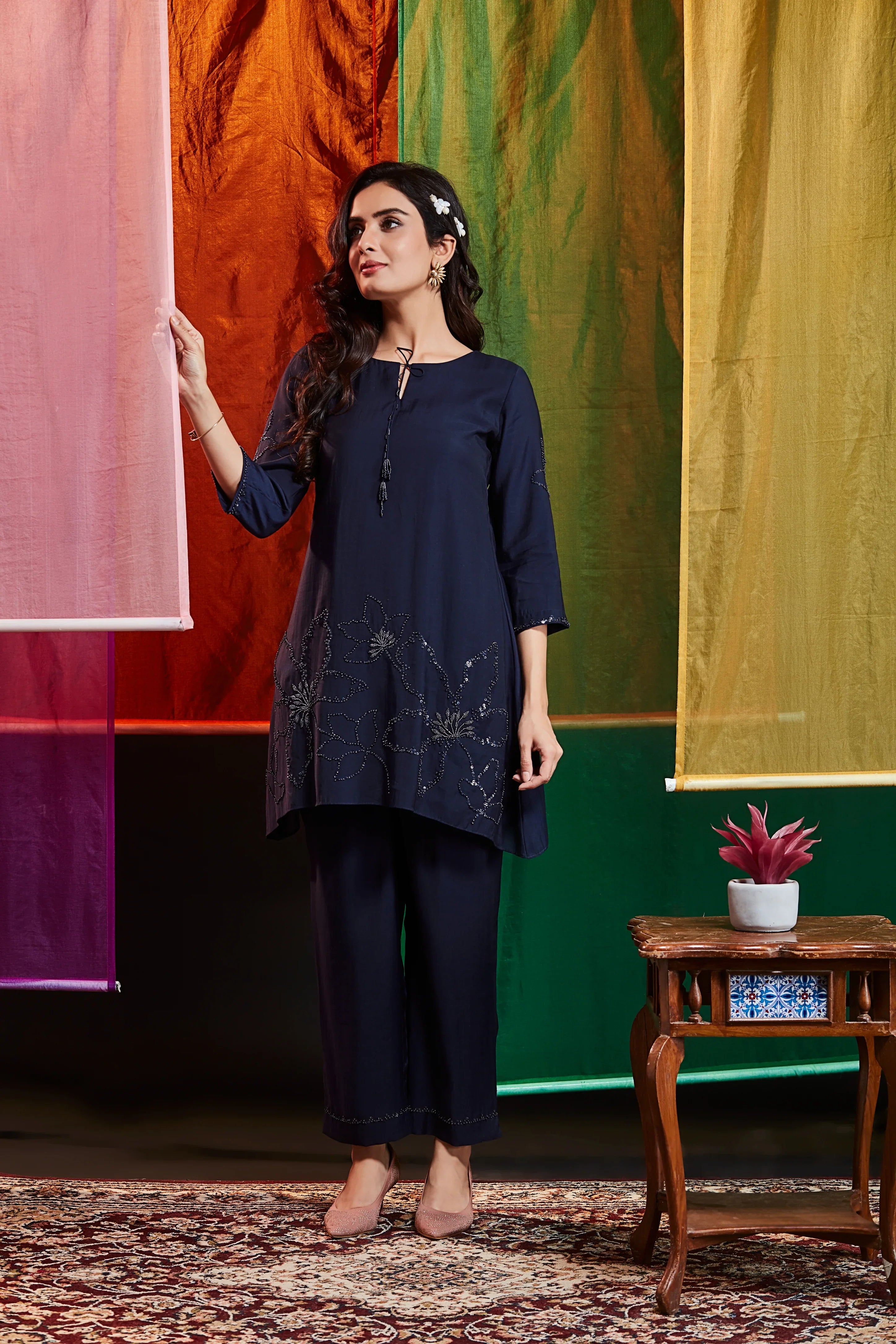 Midnight Blue Crepe Co-ord Set with Subtle Floral Embroidery | Mokshaa