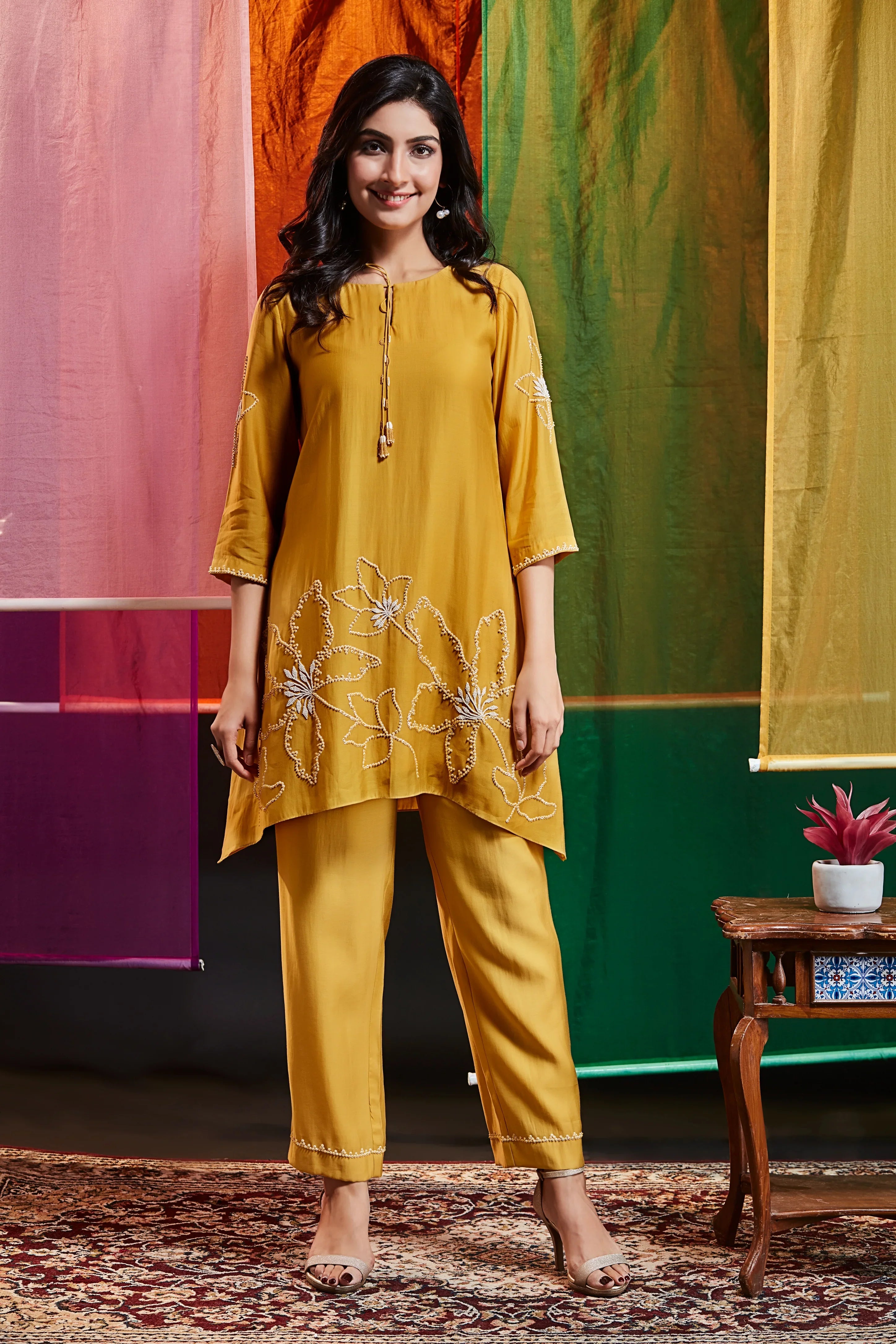 Marigold Yellow Crepe Co-ord Set with White Floral Embroidery | Mokshaa