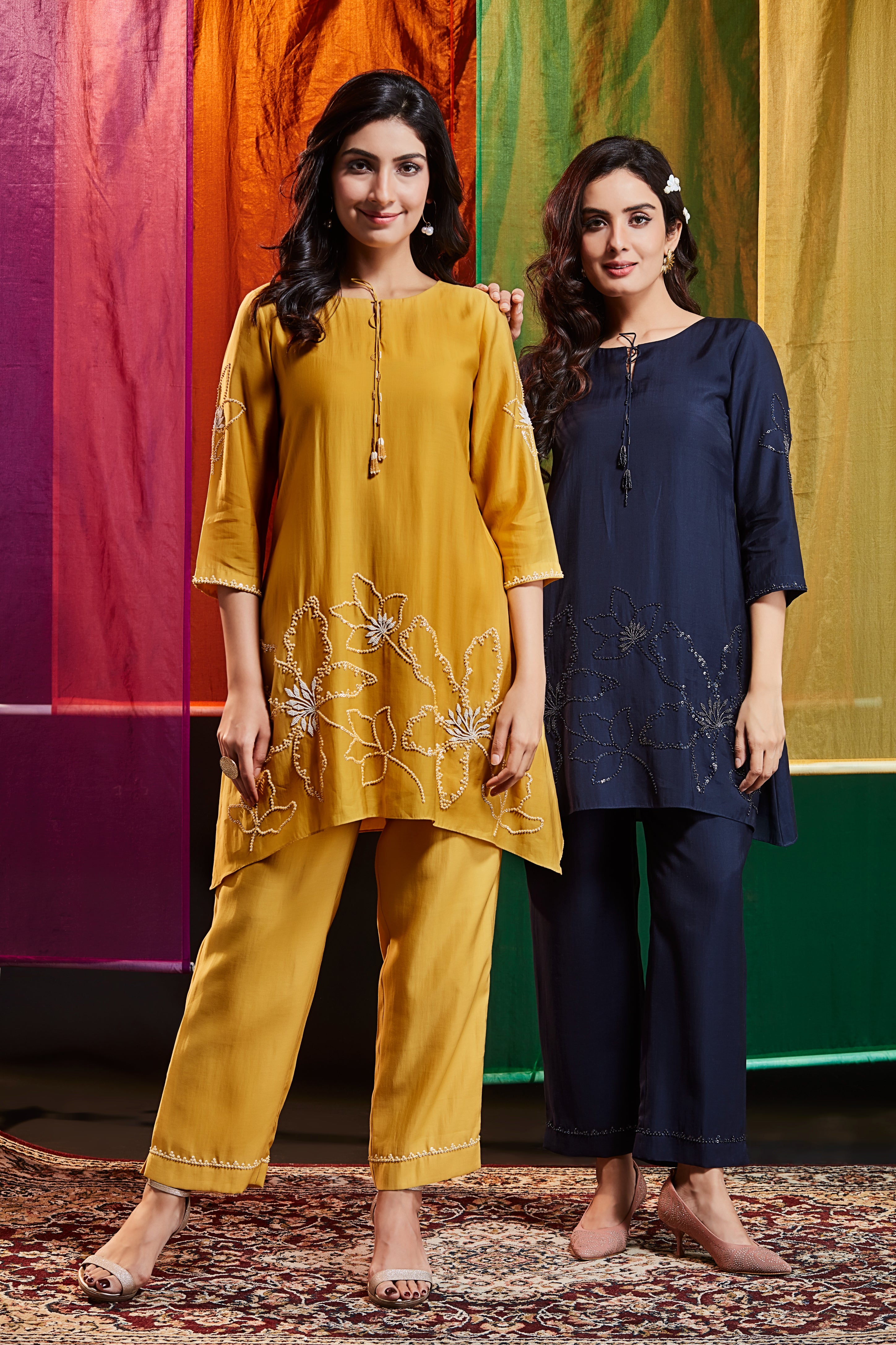 Marigold Yellow Crepe Co-ord Set with White Floral Embroidery