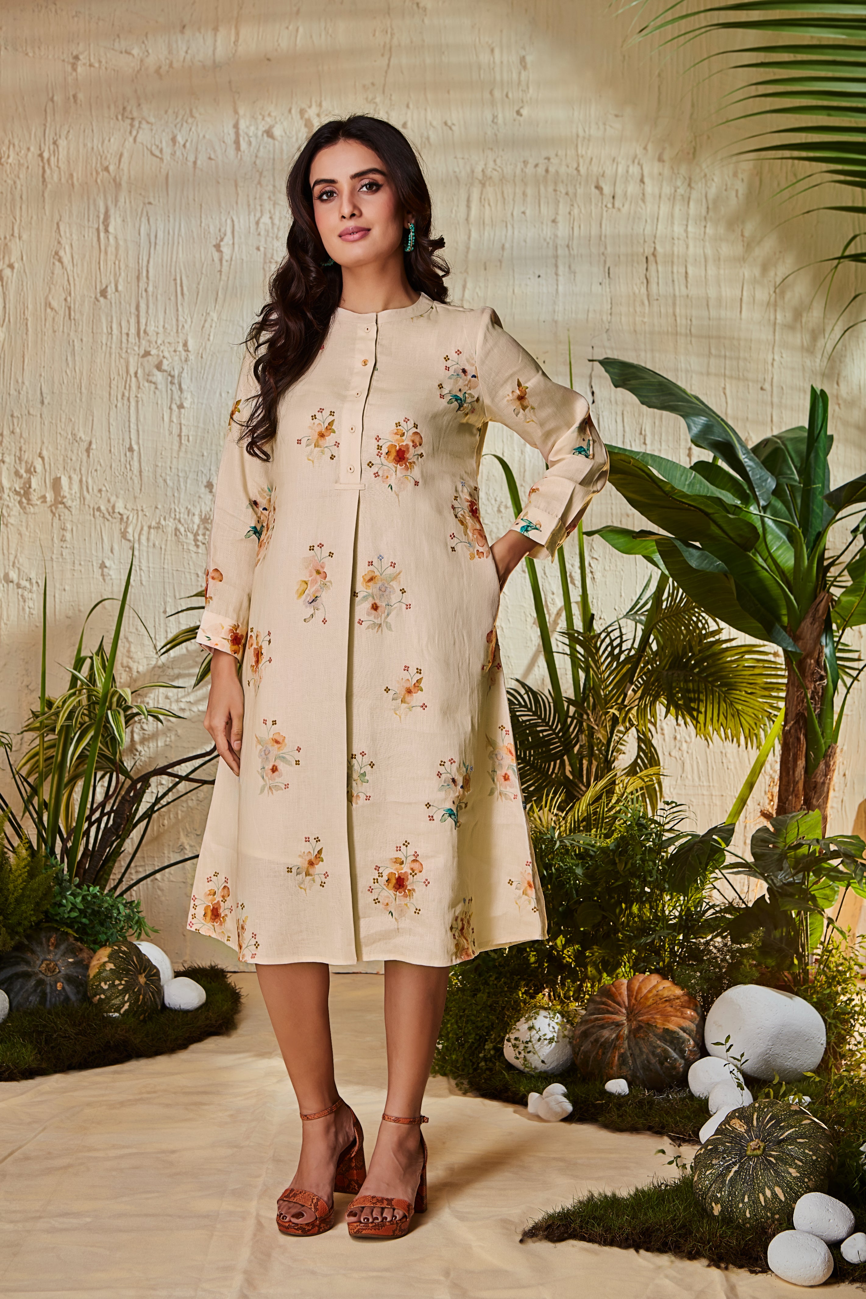 Beige Cotton Midi Dress with Subtle Floral Embroidery