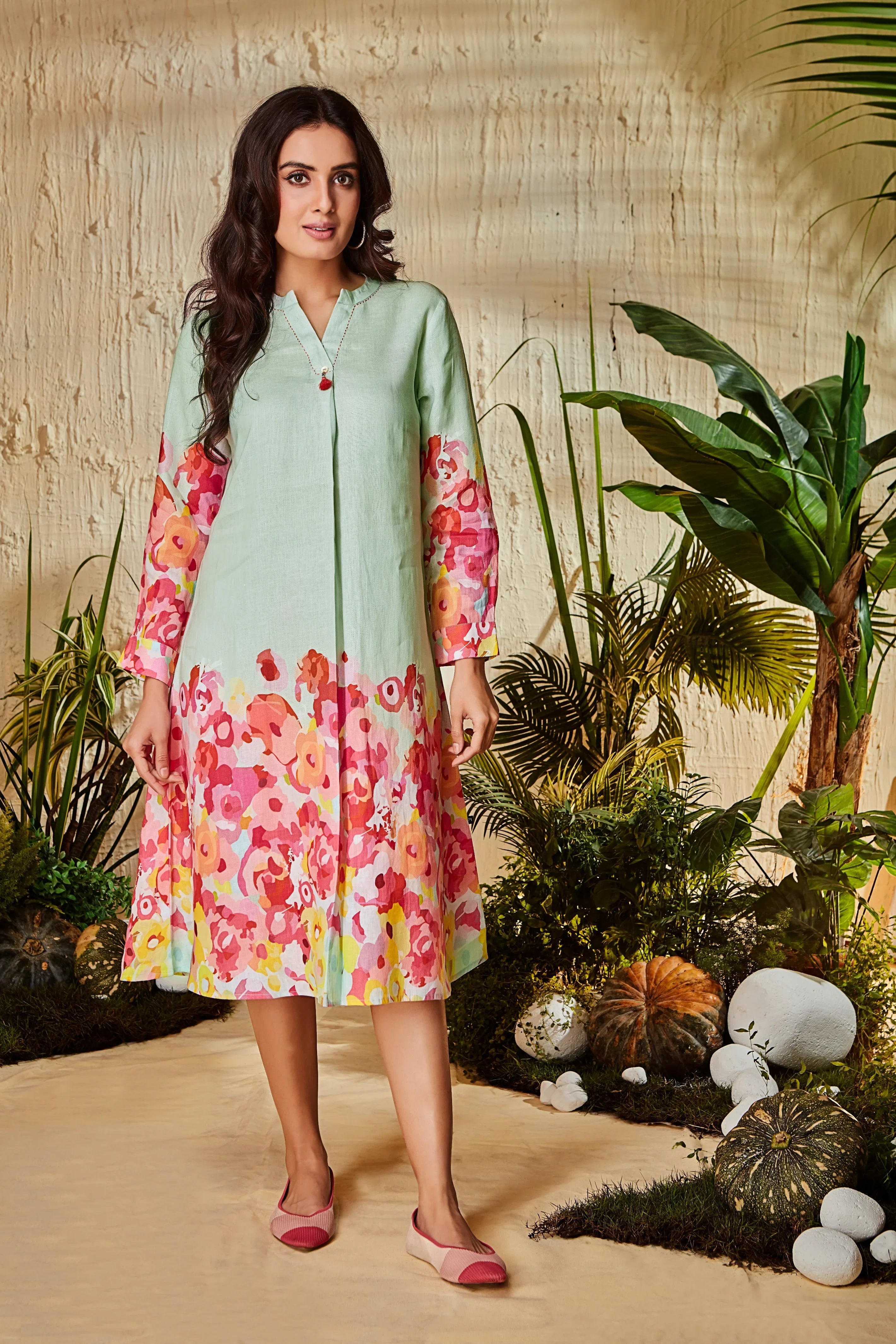 Pastel Green Cotton Midi Dress with Floral Borders | Mokshaa