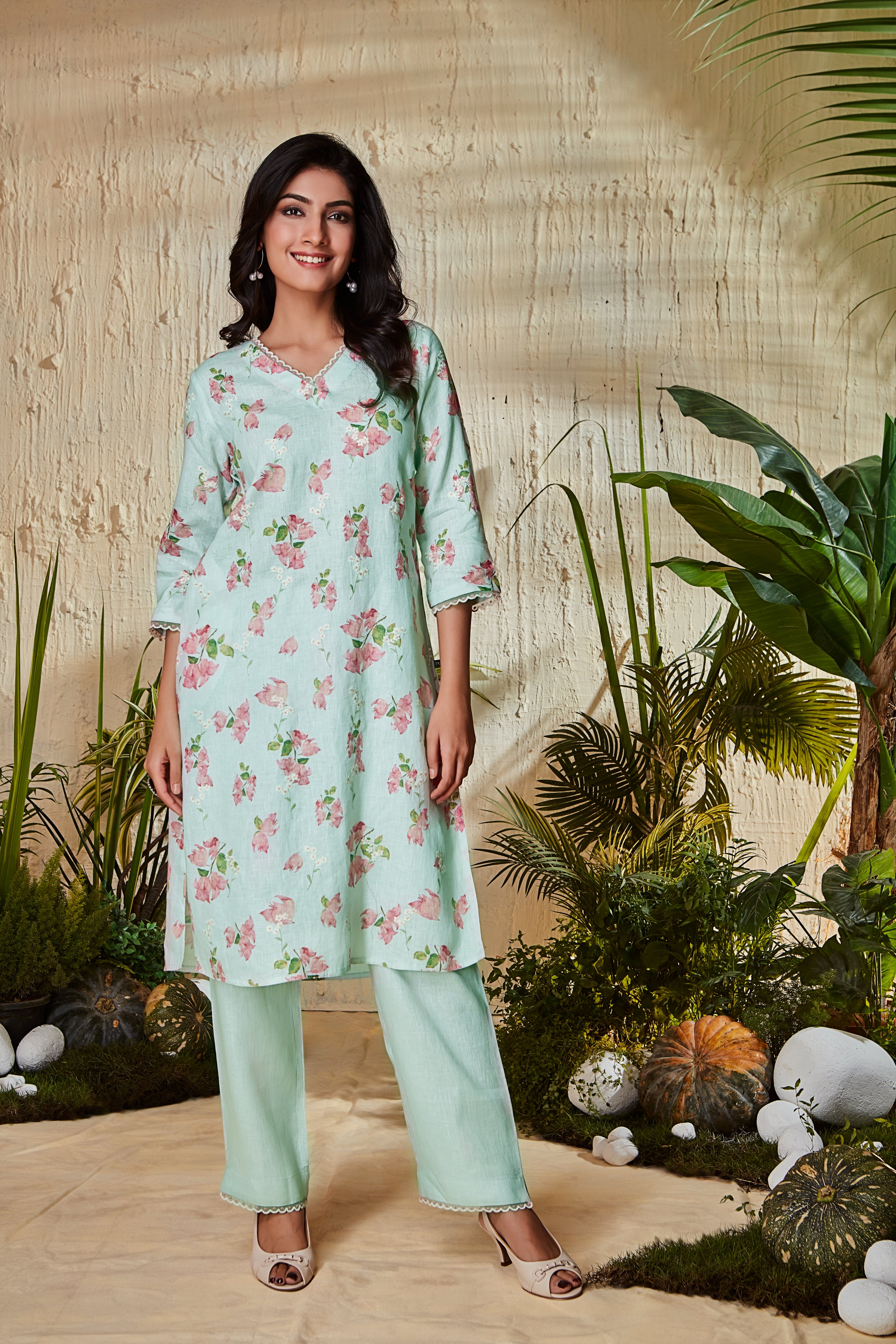 Mint Green Floral Print Kurta Set