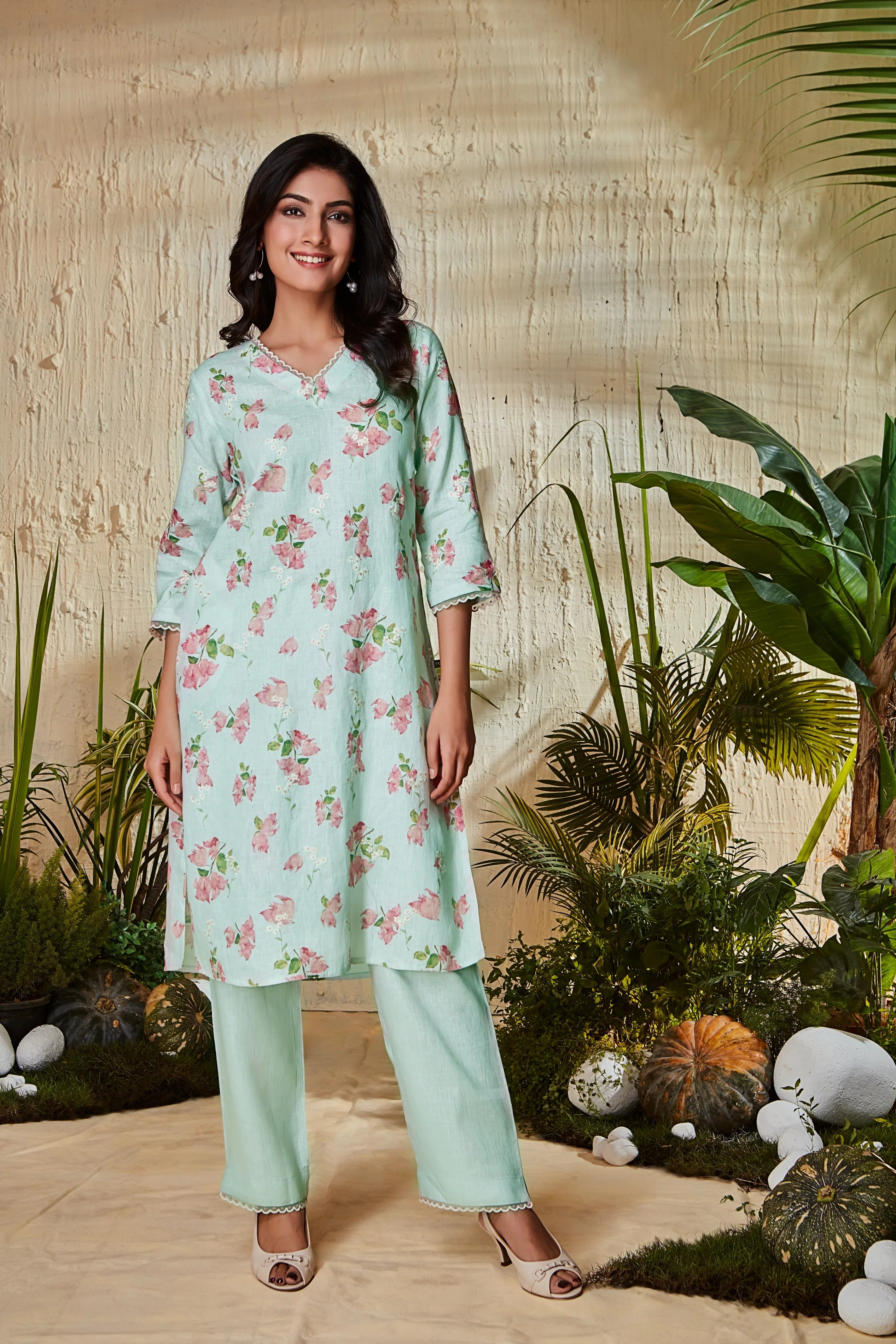 Mint Green Floral Print Kurta Set | Mokshaa