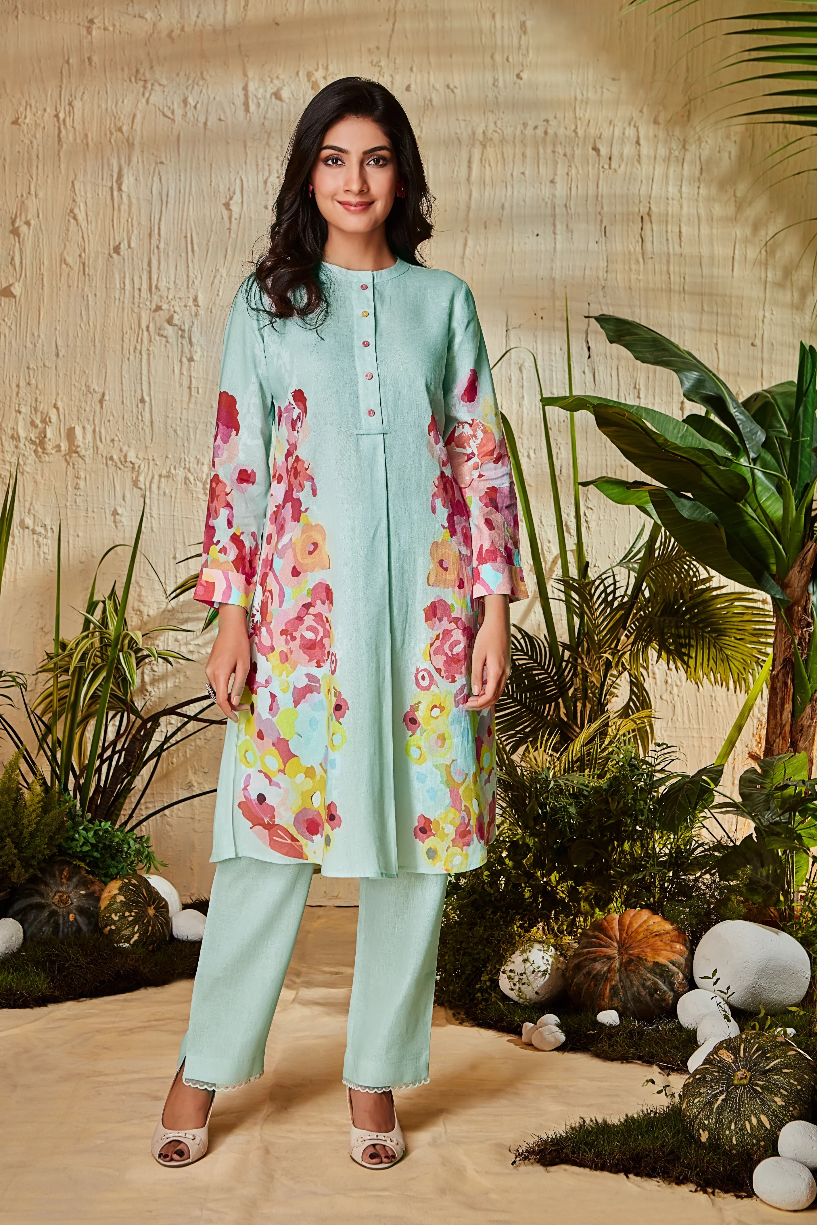 Light Blue Floral Printed Kurta | Mokshaa