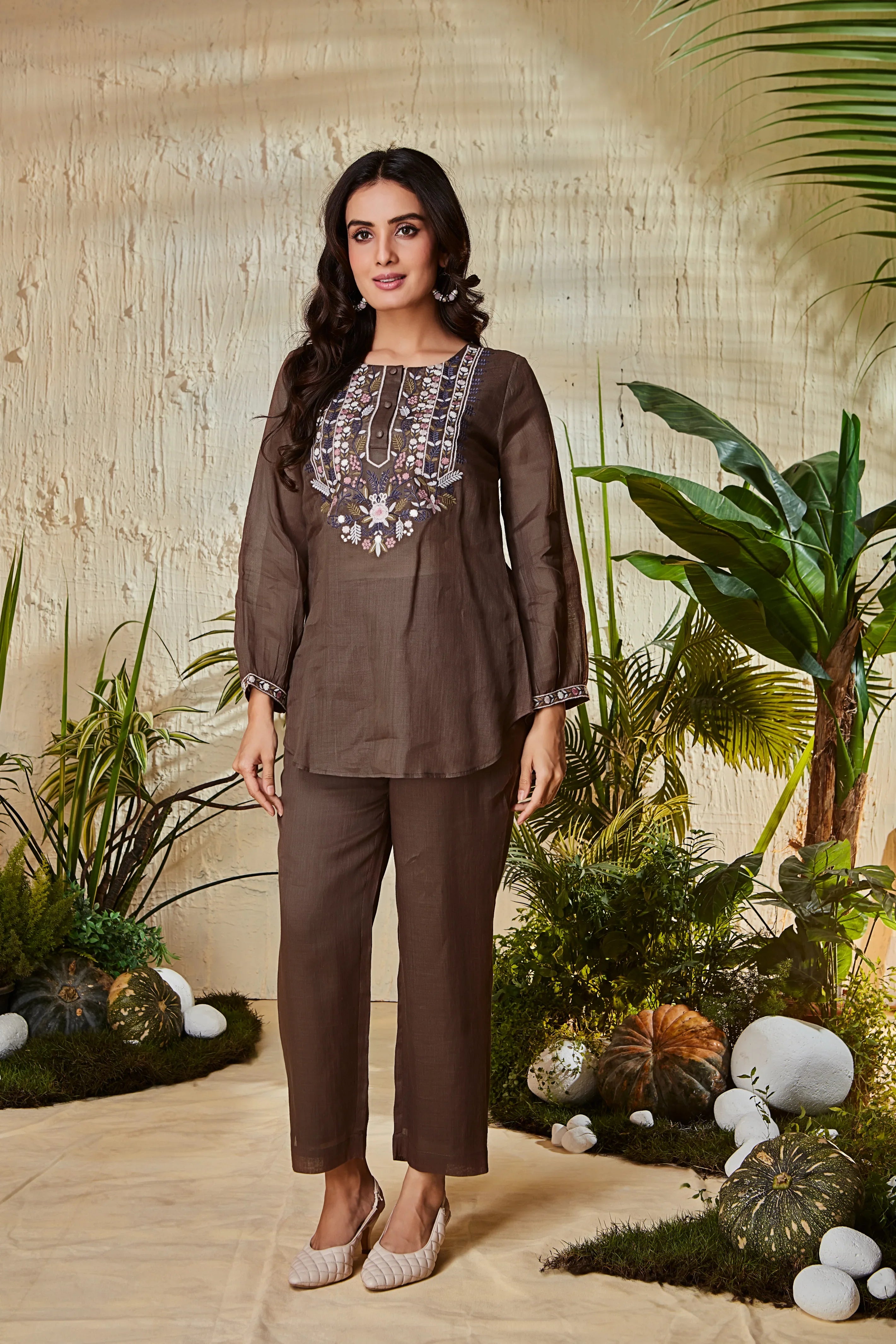 Espresso Brown Linen Co-ord Set with Ornate Yoke Embroidery | Mokshaa