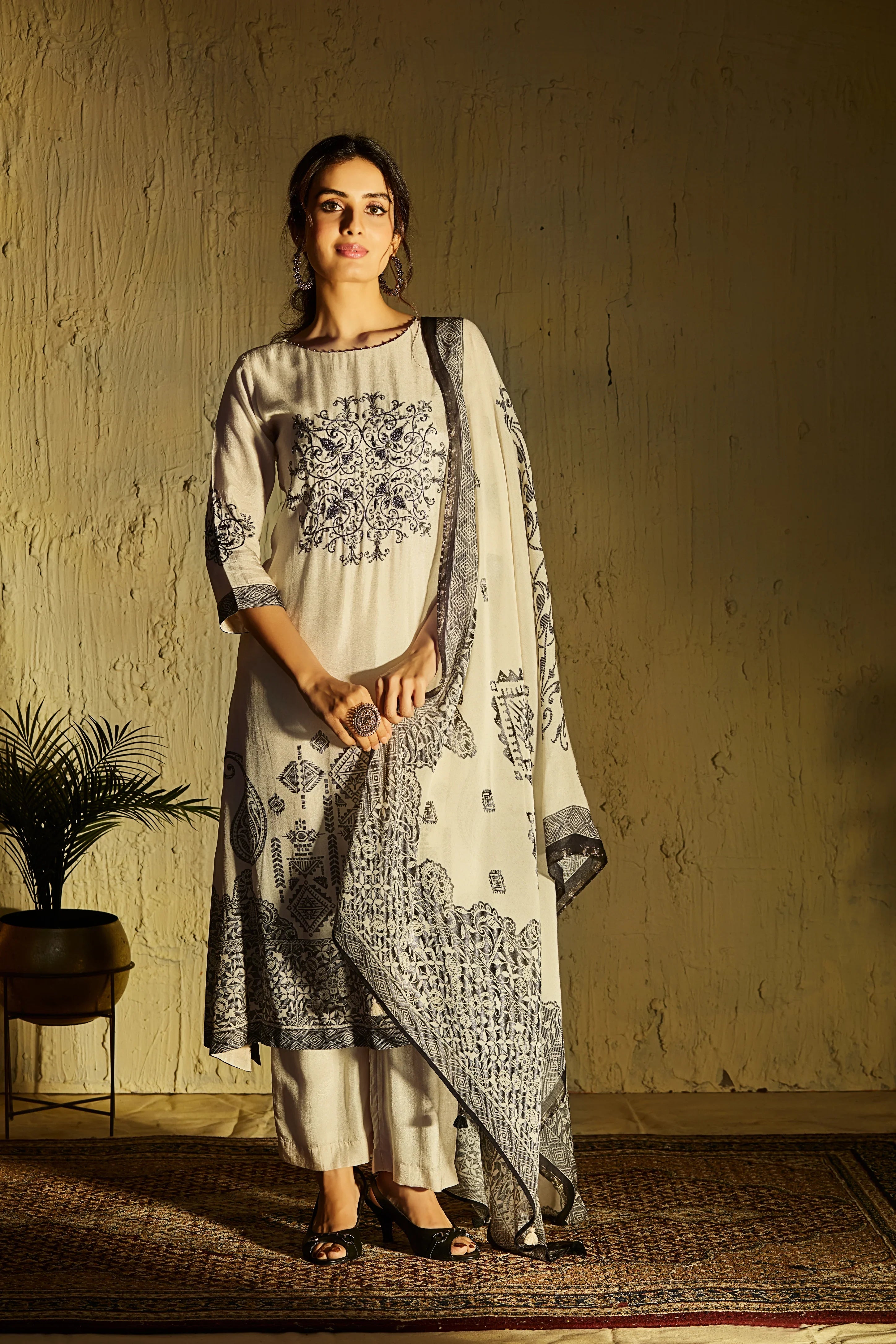 Ivory & Black Crepe Suit Set with Block Print | Mokshaa