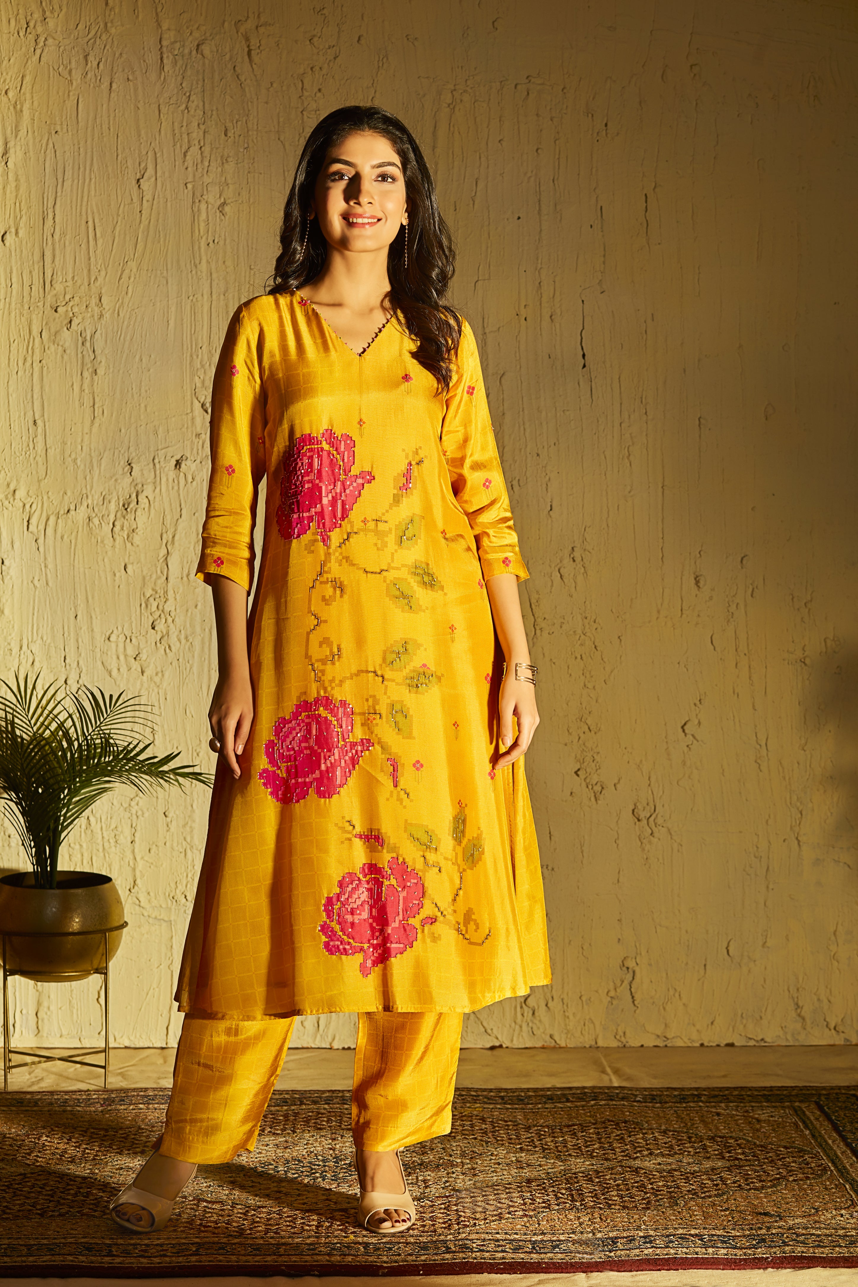 Mustard Crepe Suit Set with Magenta Pixel Floral Print