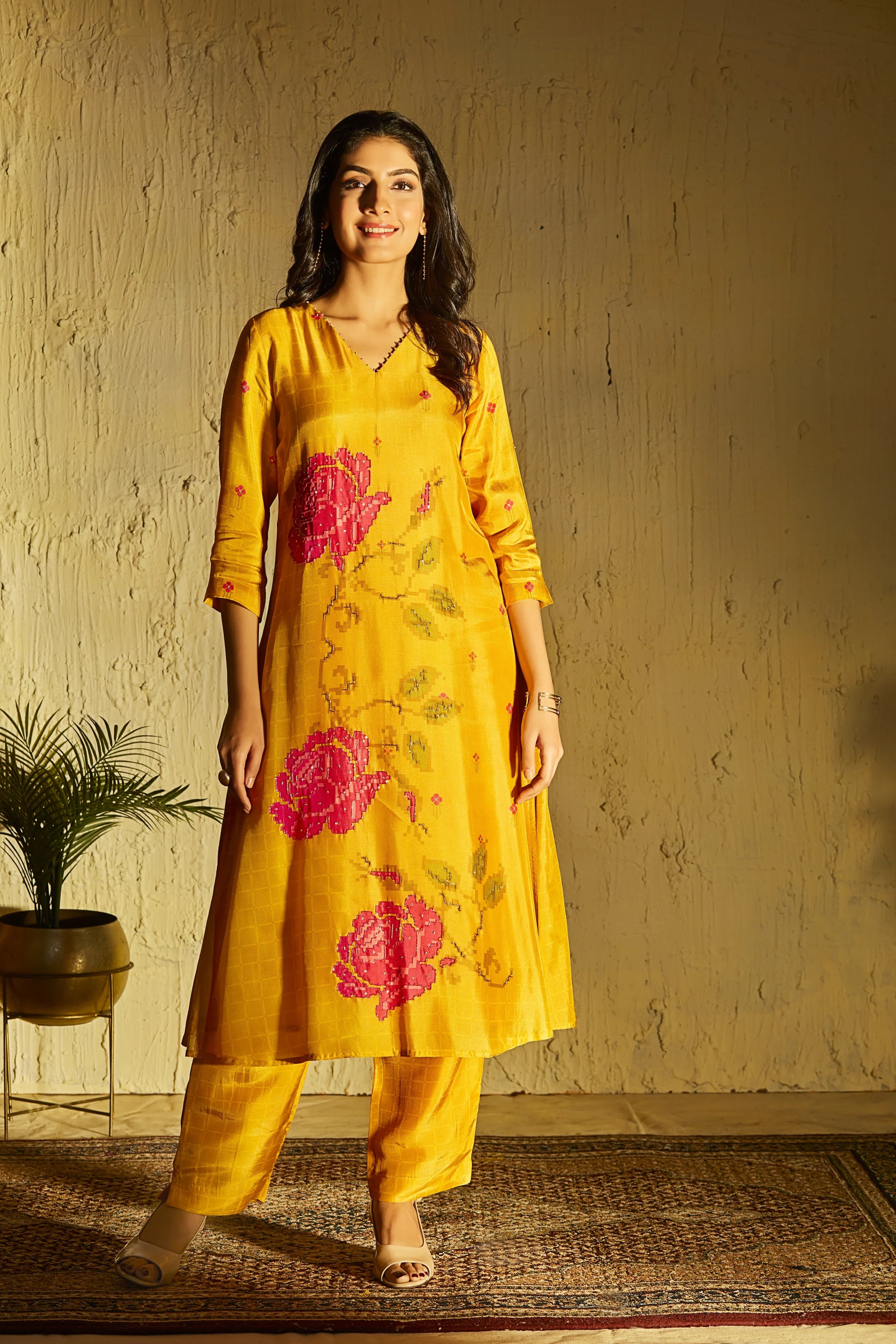 Mustard Crepe Suit Set with Magenta Pixel Floral Print | Mokshaa