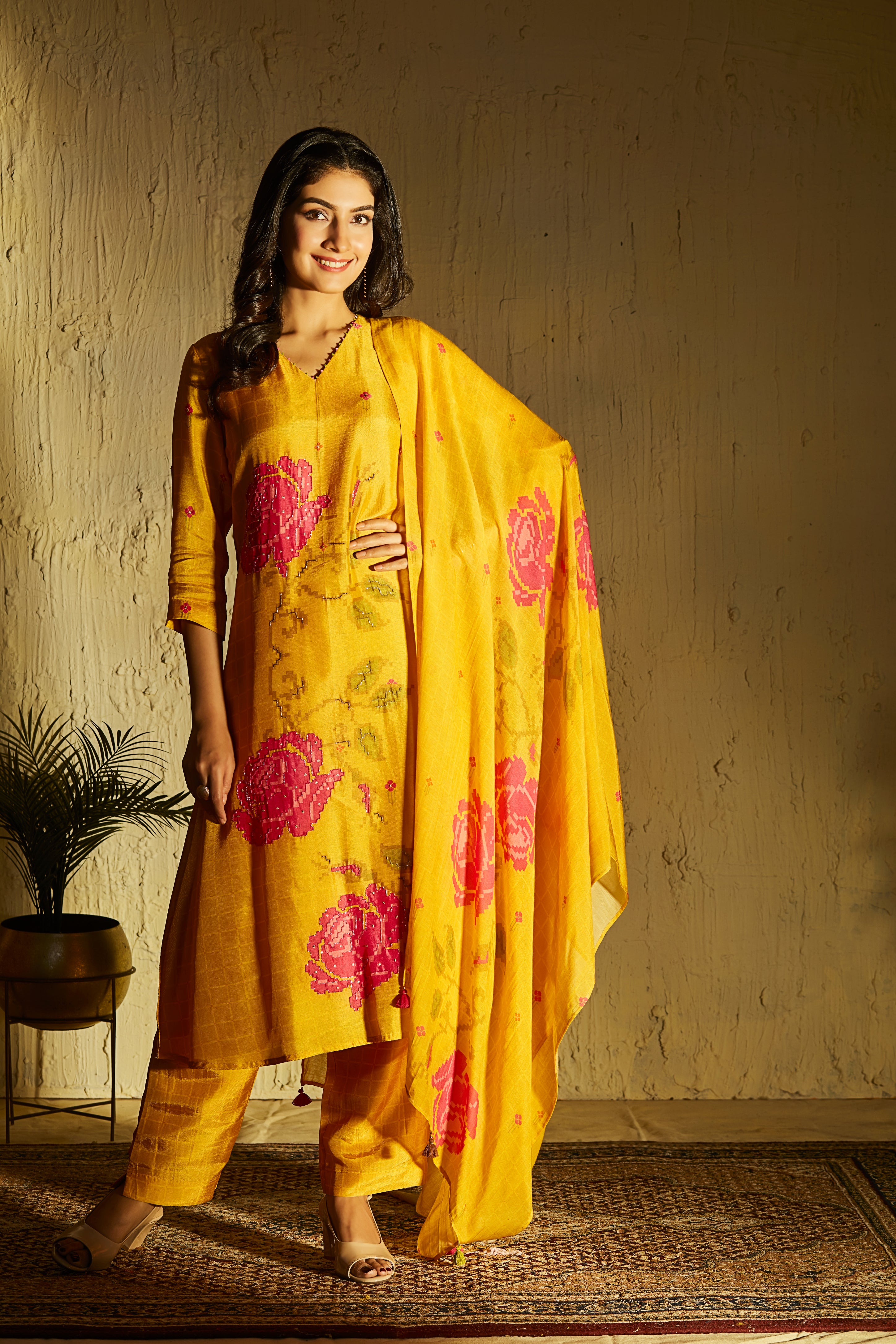 Mustard Crepe Suit Set with Magenta Pixel Floral Print