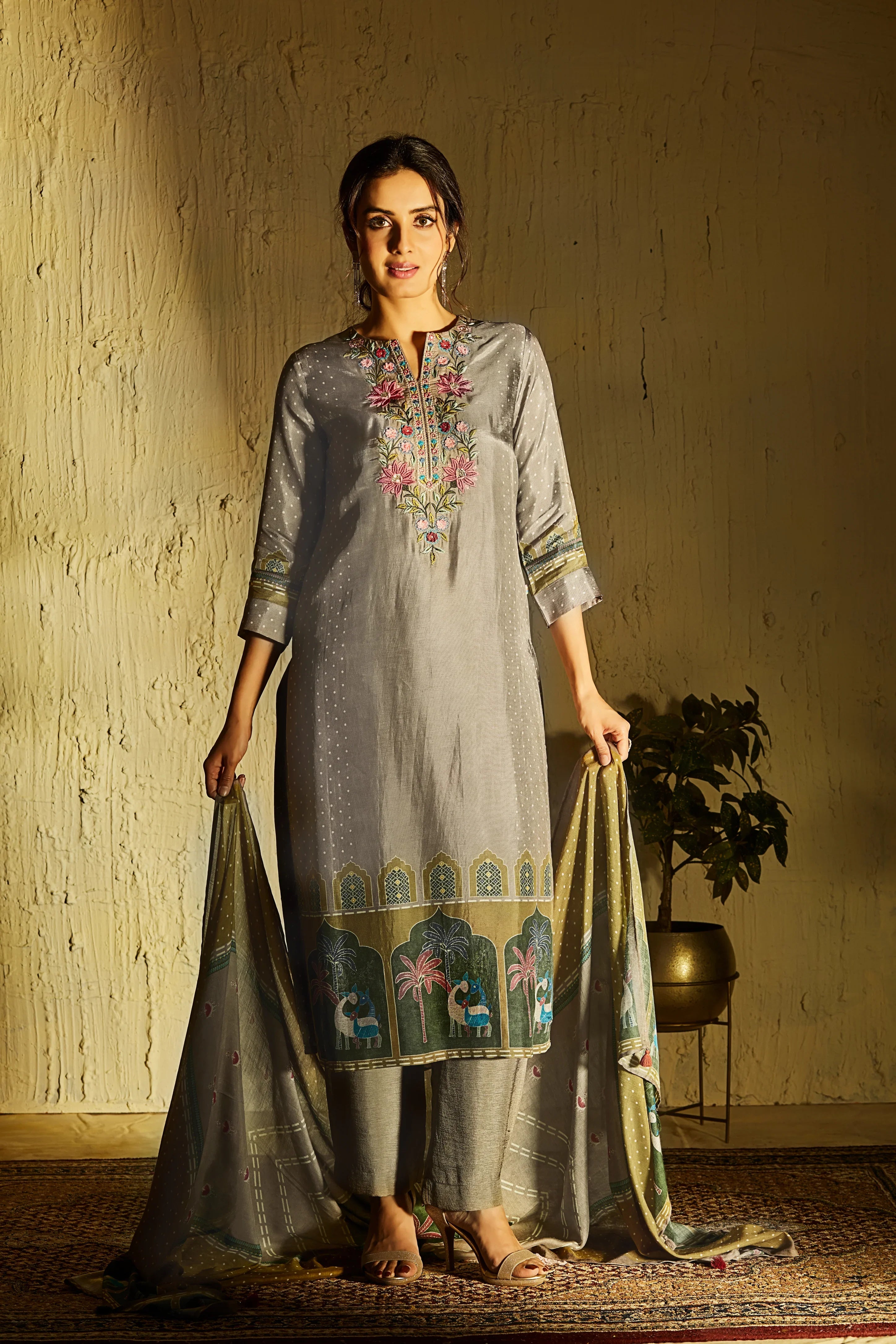 Smoke Grey Crepe Suit Set with Embroidered Neckline and Borders | Mokshaa