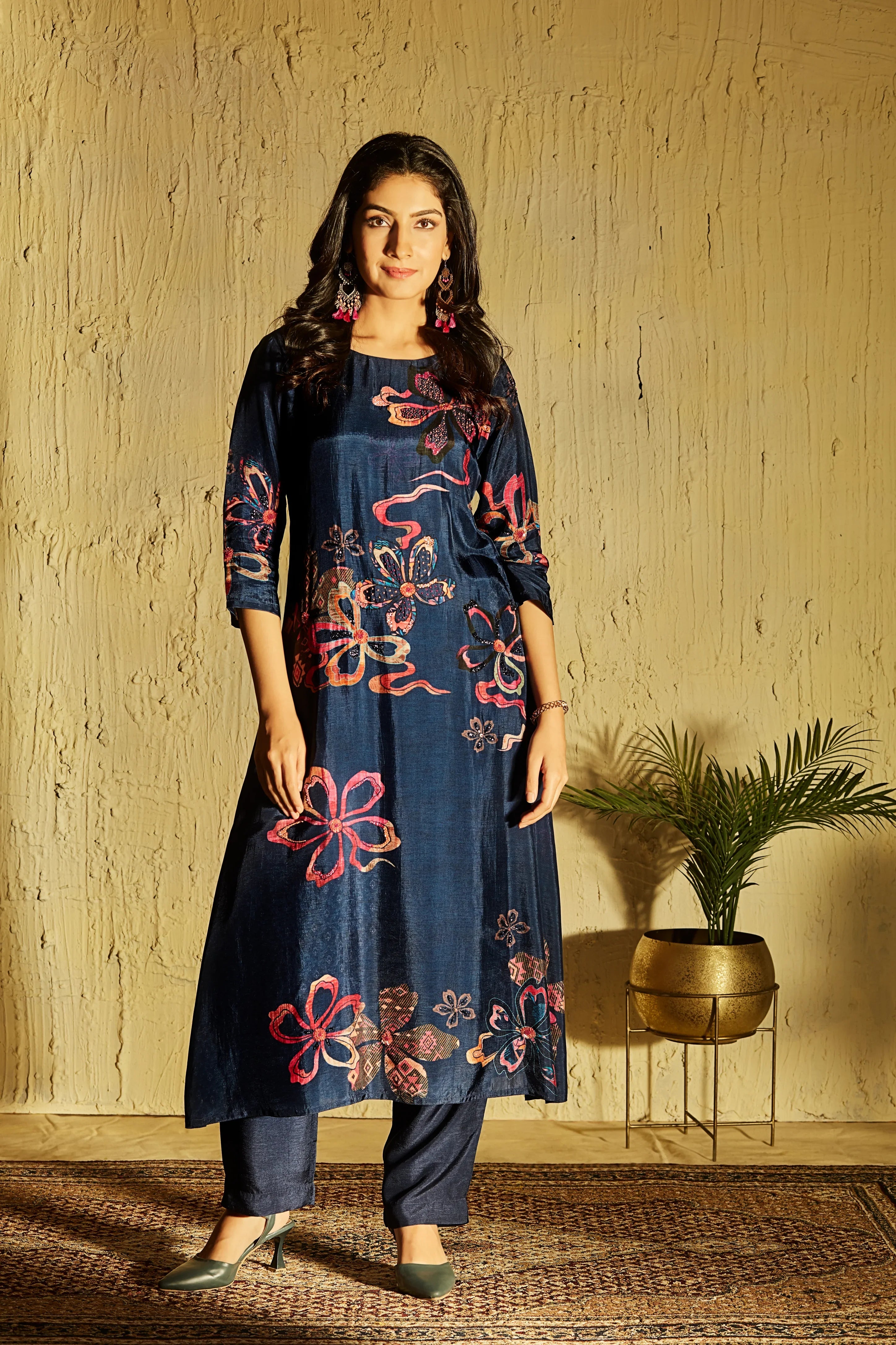 Midnight Blue Crepe Suit Set with Abstract Floral Print | Mokshaa