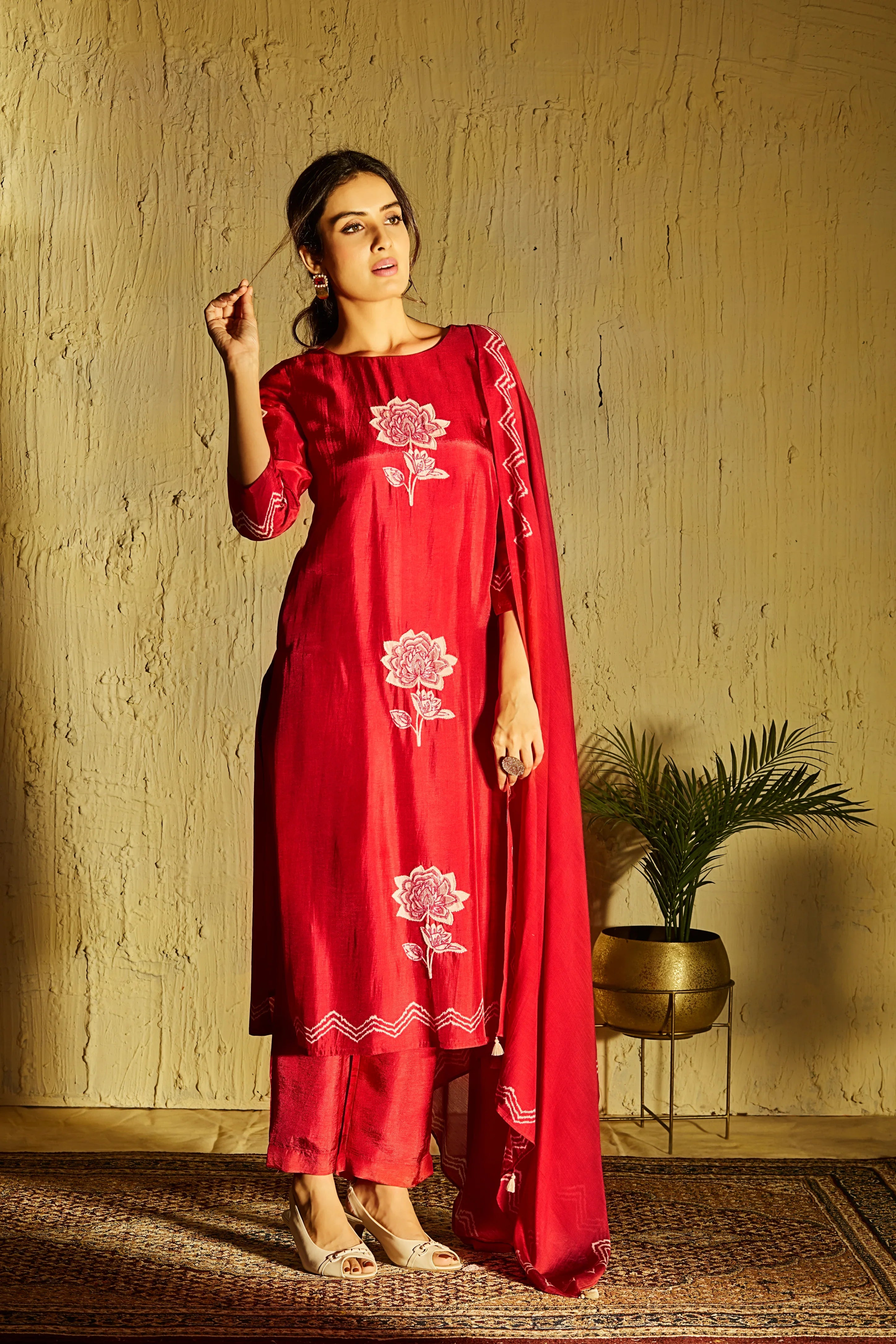 Ruby Red Crepe Suit Set with White Floral Embroidery | Mokshaa