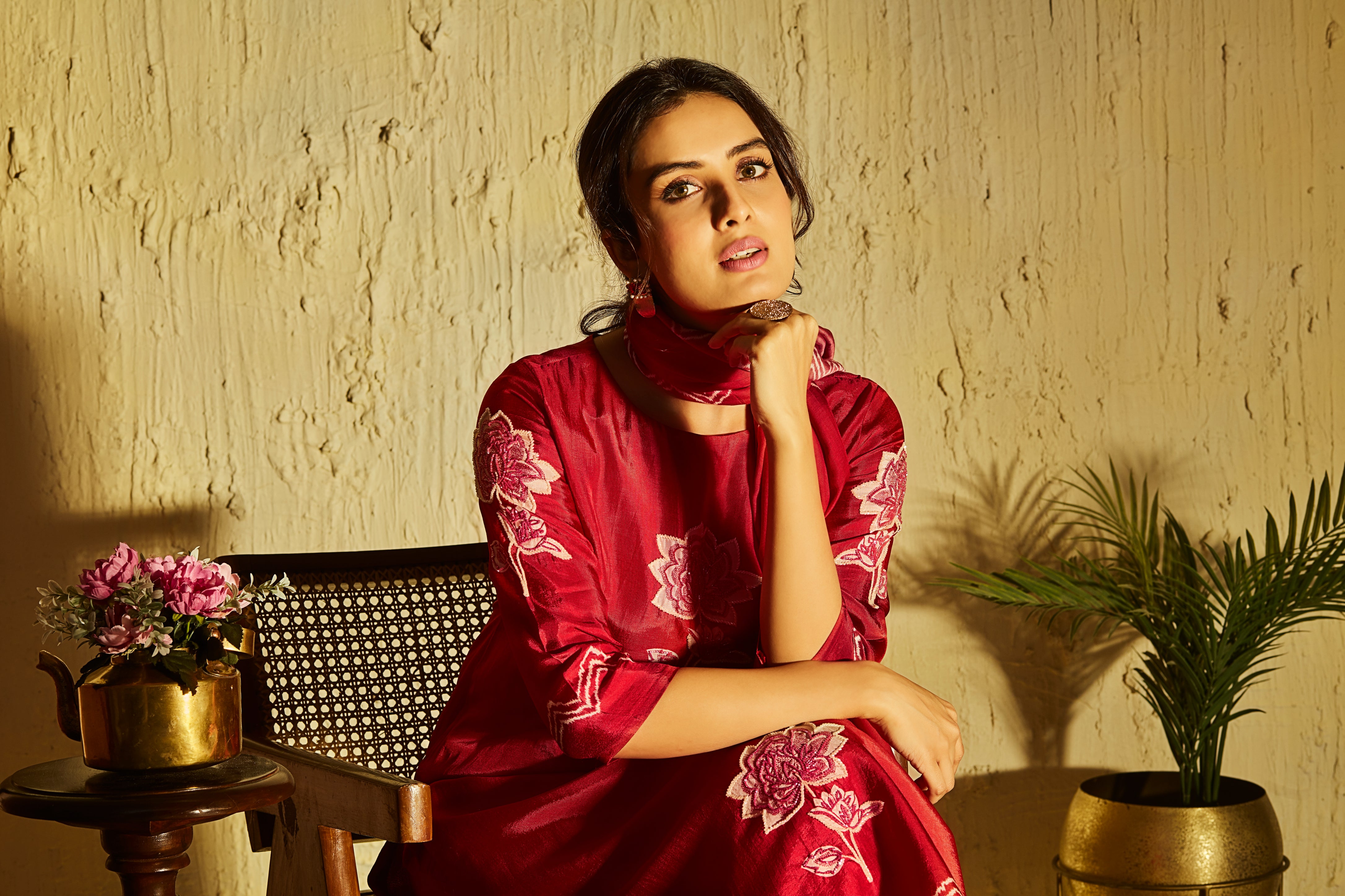 Ruby Red Crepe Suit Set with White Floral Embroidery
