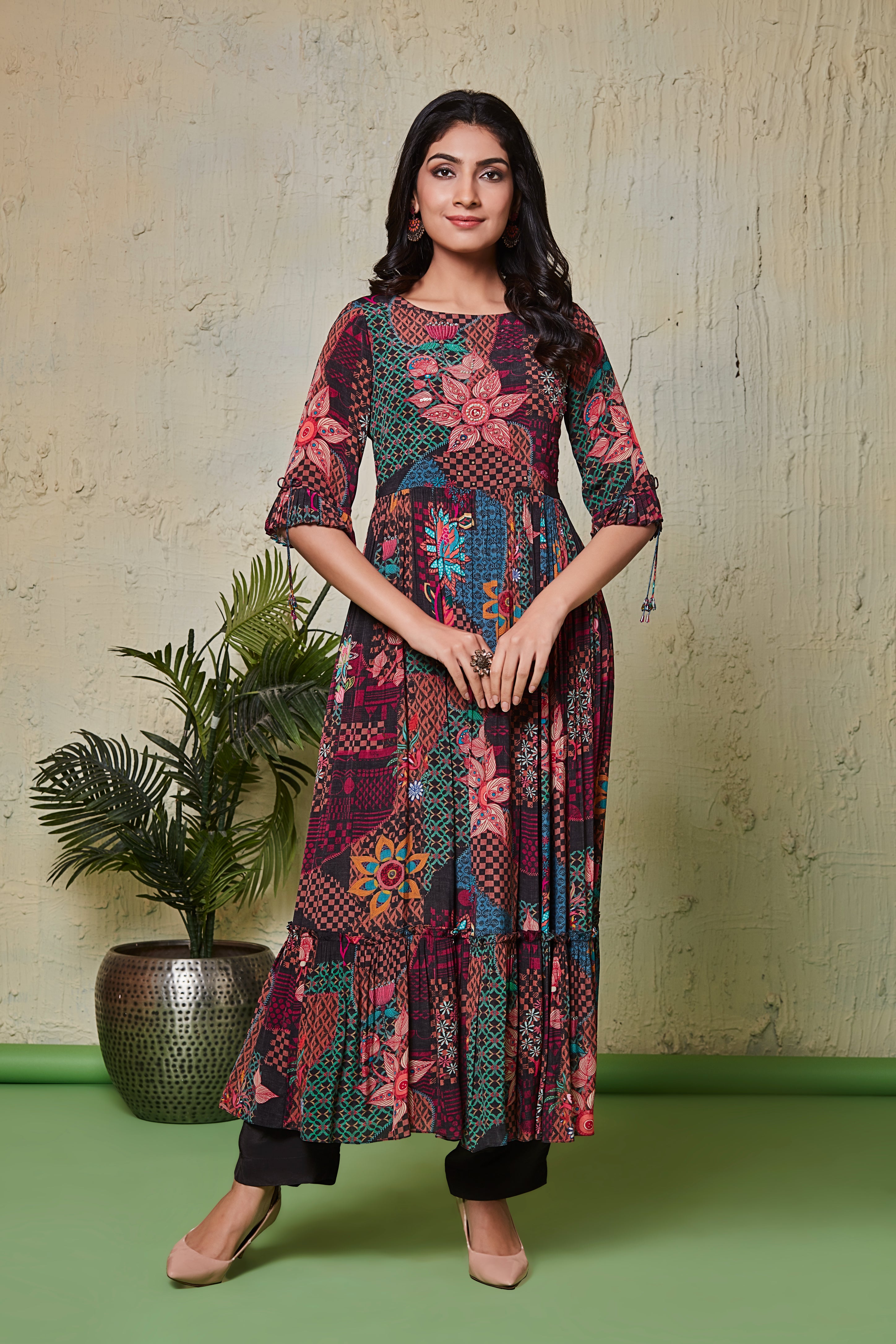 Bohemian Print Crepe Midi Dress with Flared Sleeves