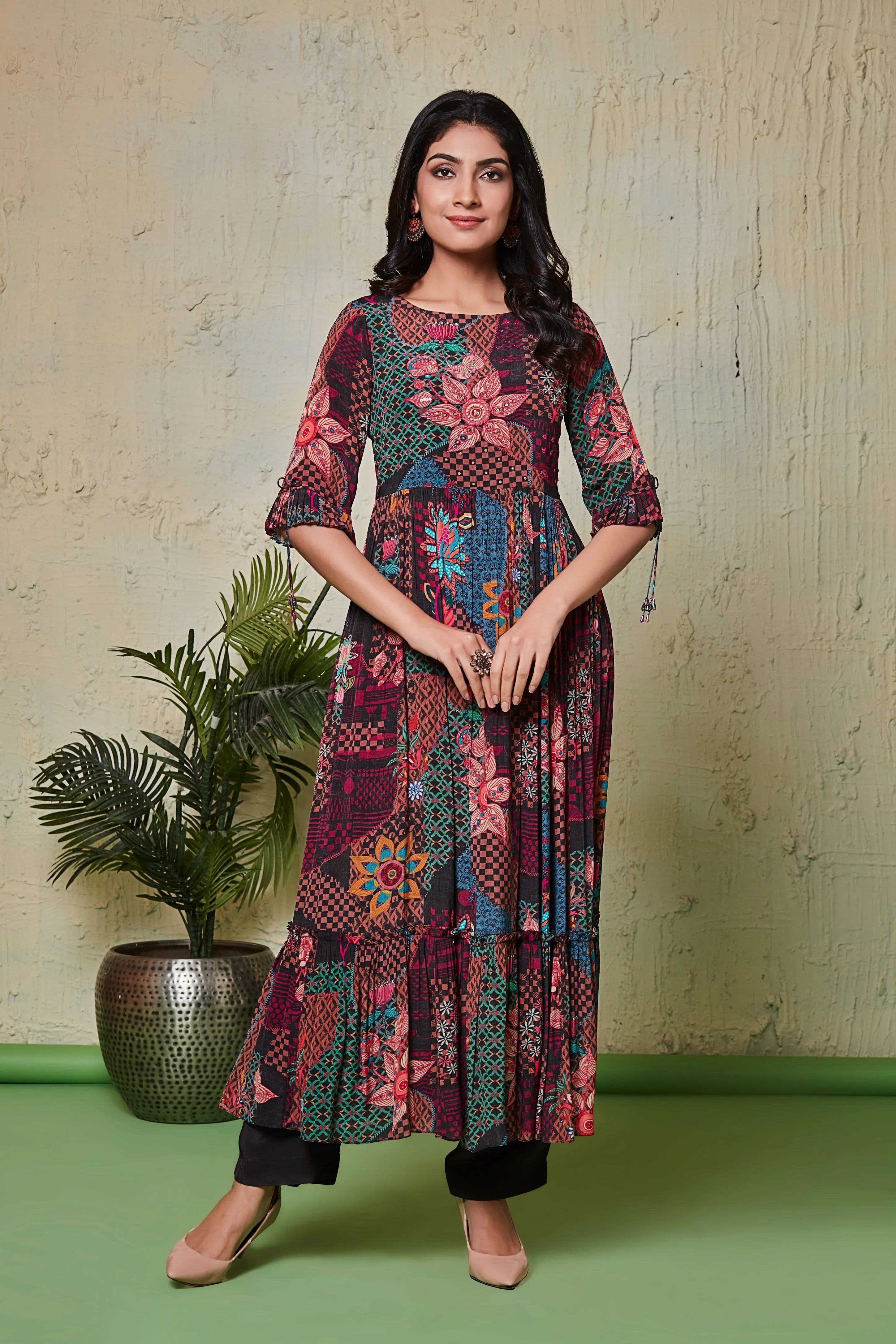 Bohemian Print Crepe Midi Dress with Flared Sleeves | Mokshaa