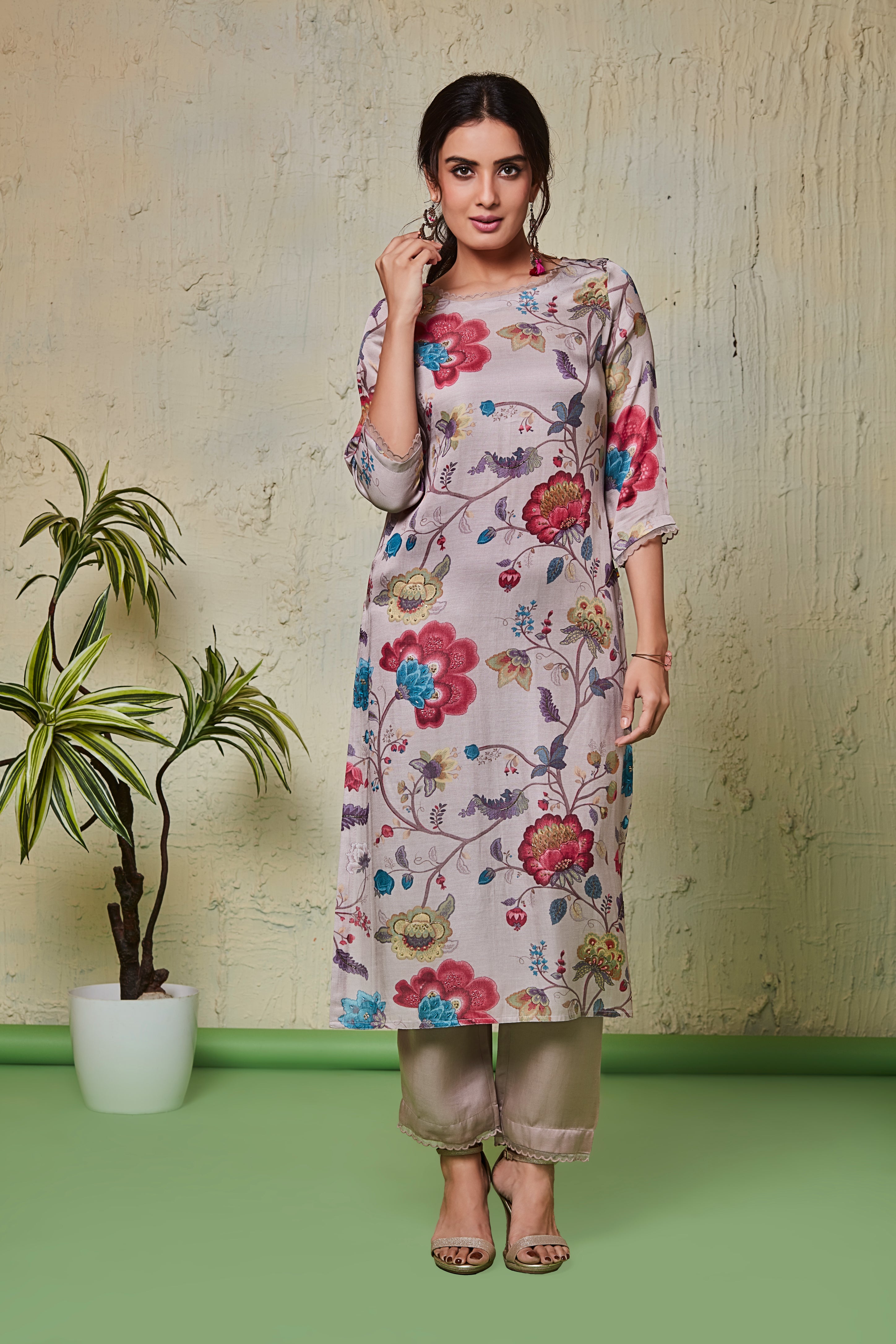 Pastel Floral Crepe Suit Set