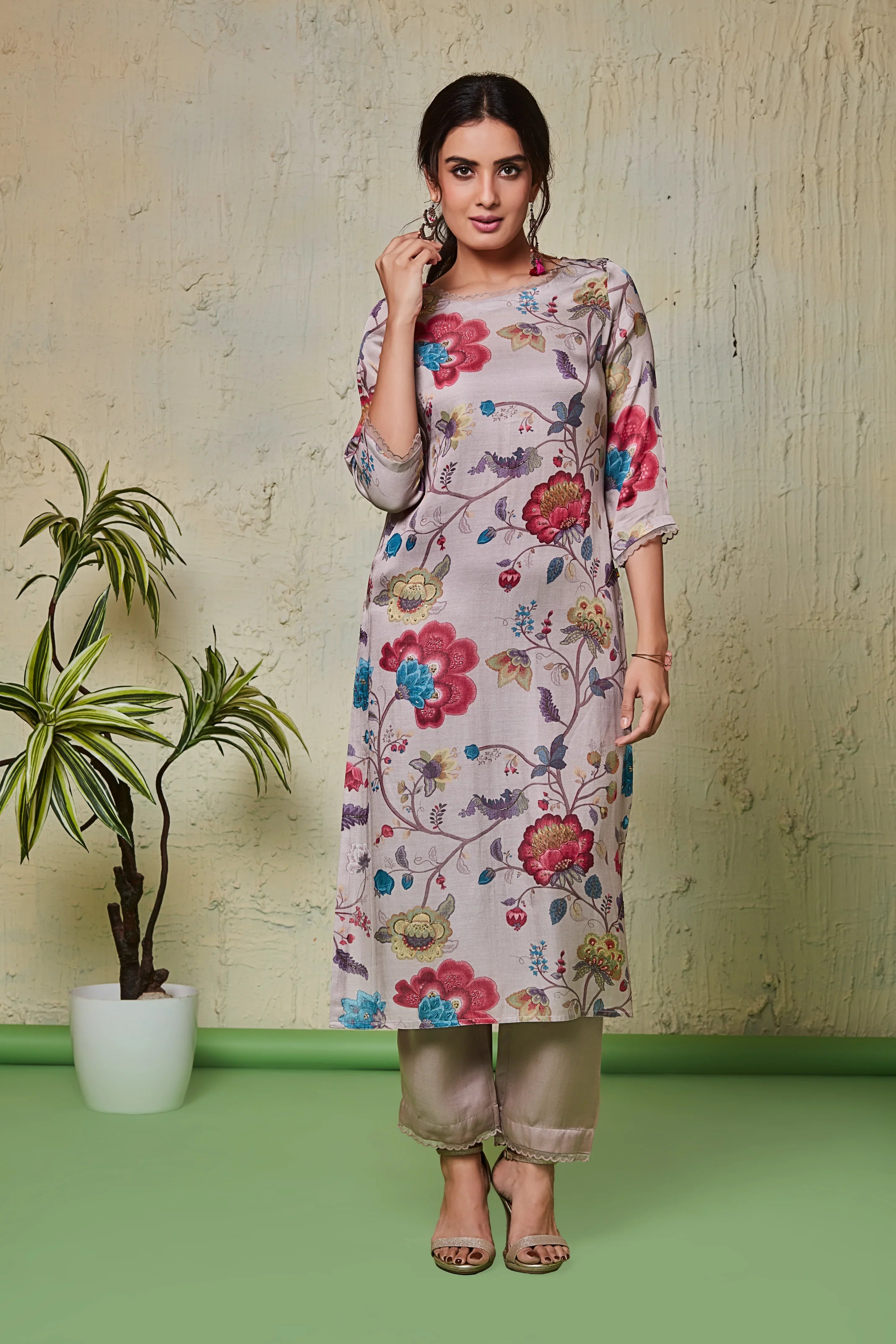 Pastel Floral Crepe Suit Set | Mokshaa