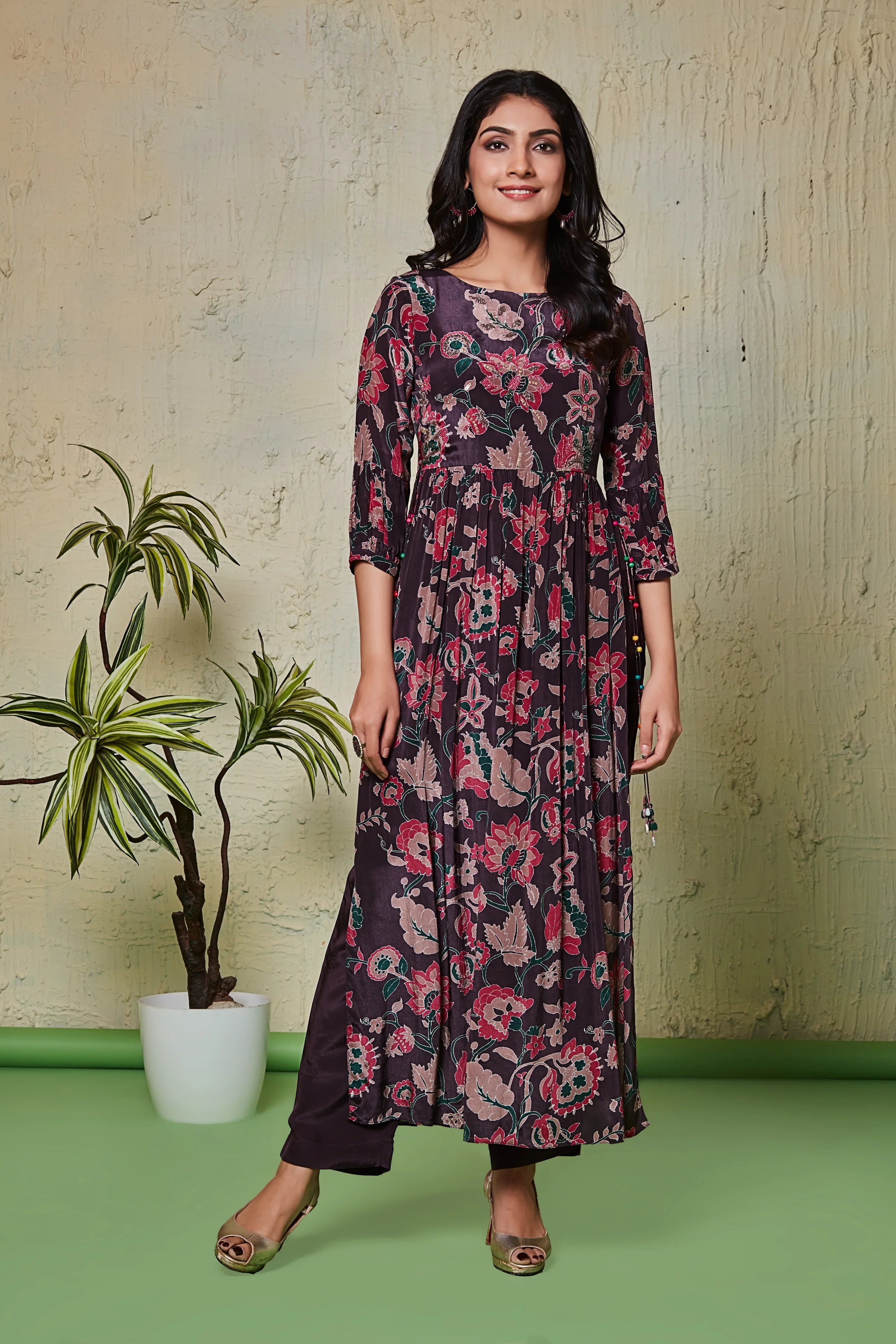 Plum Floral Crepe Midi Dress | Mokshaa