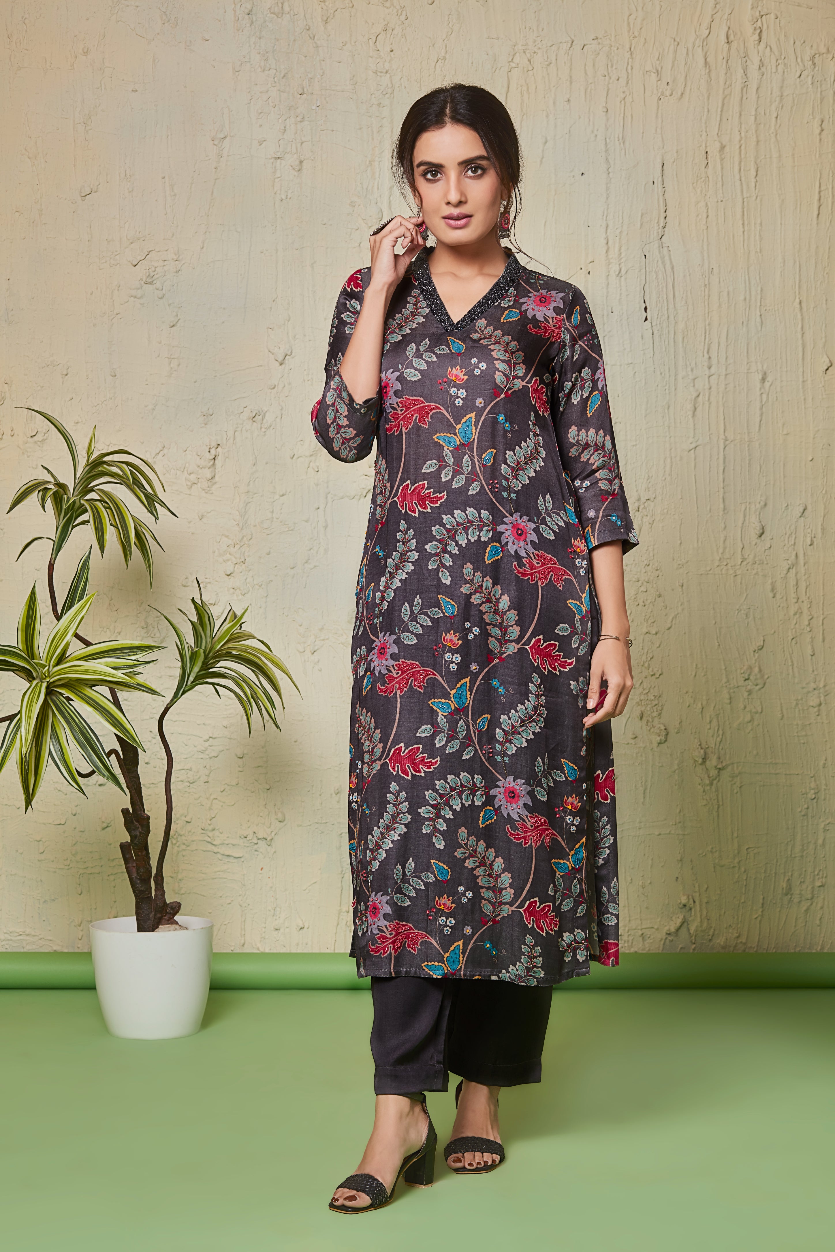 Slate Gray Floral Crepe Kurta Set