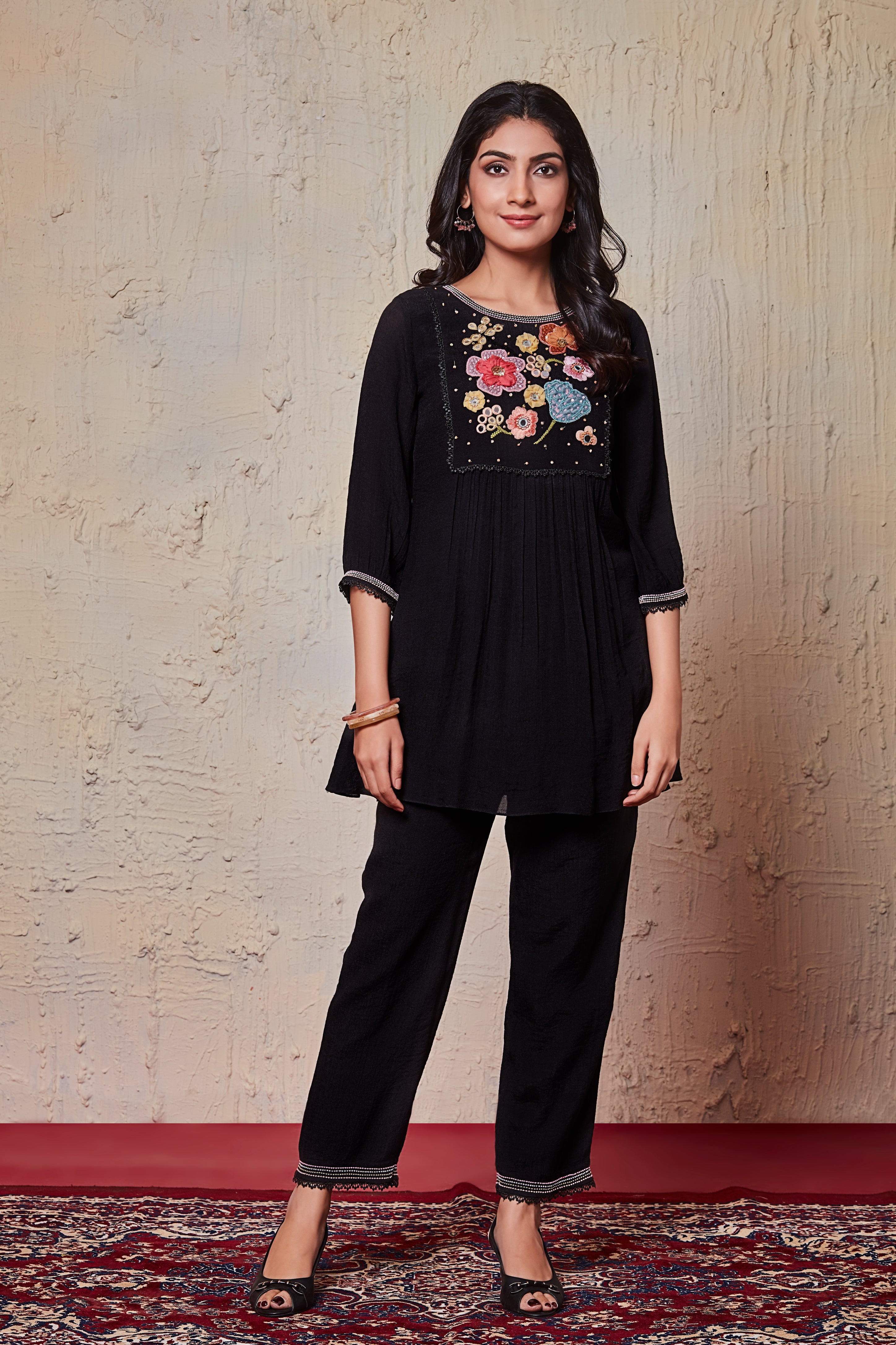 Jet Black Cotton Co-ord Set with Vibrant Floral Yoke Embroidery