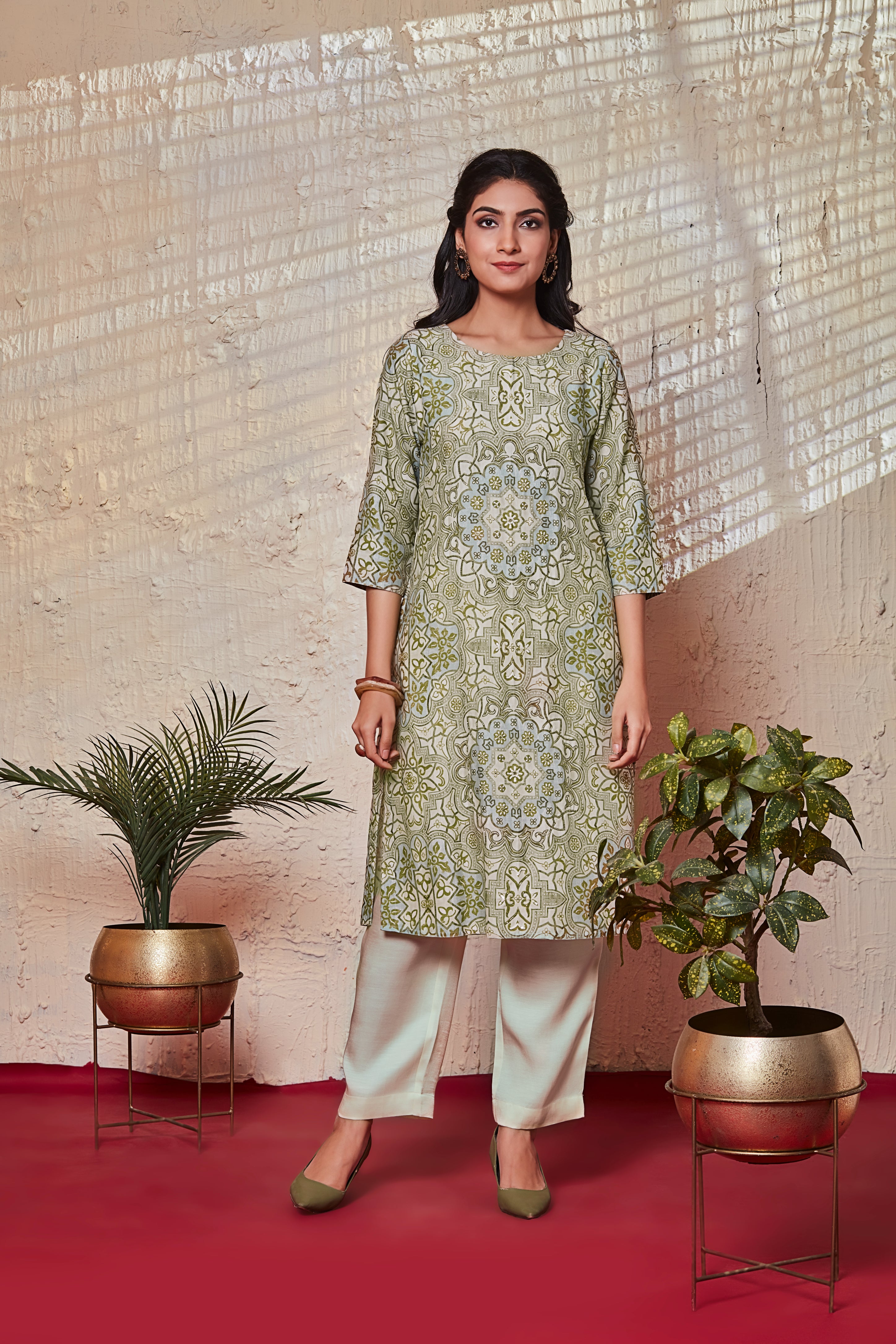Sage Green Tile Print Crepe Kurta Set