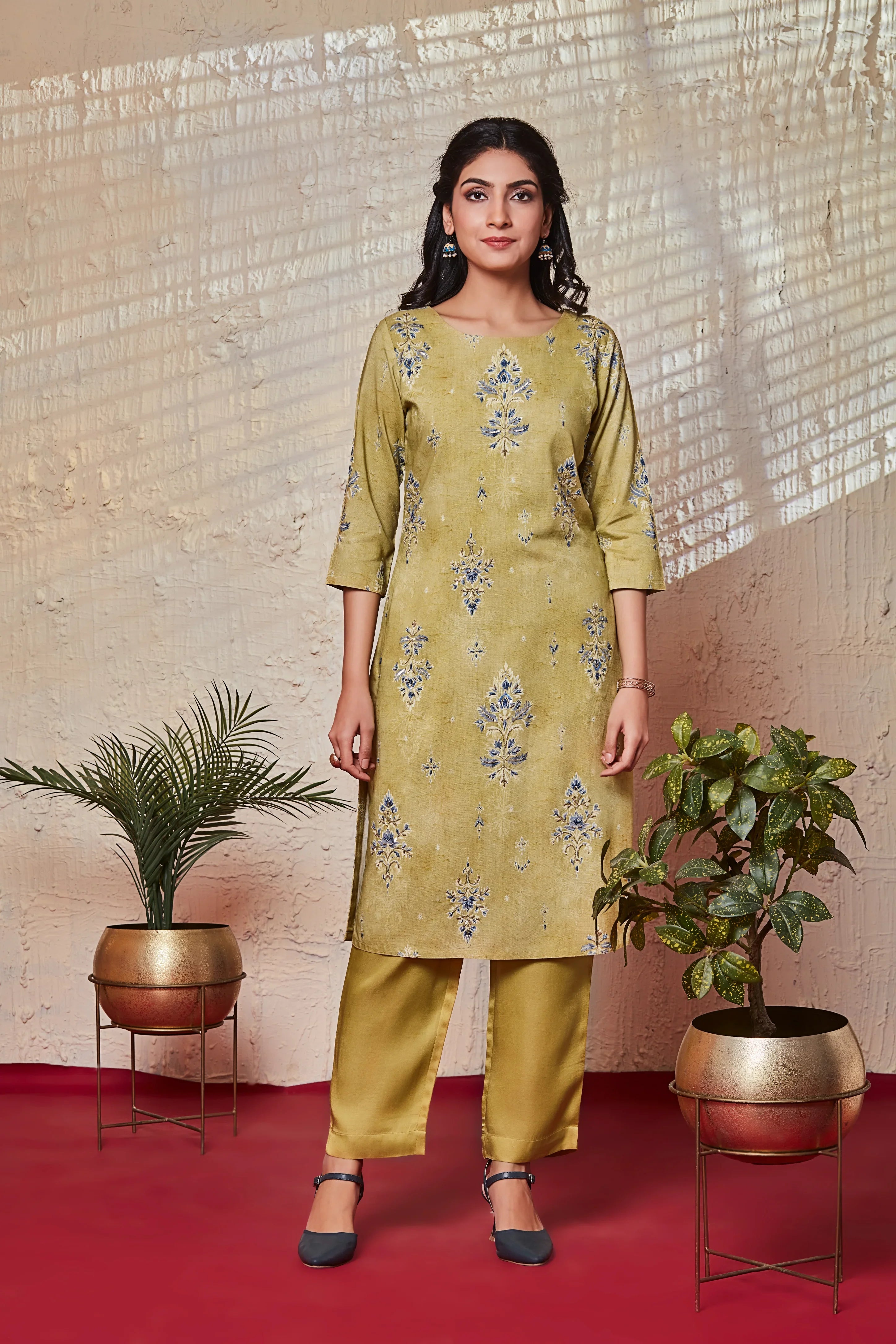 Olive Tile Print Crepe Kurta Set | Mokshaa