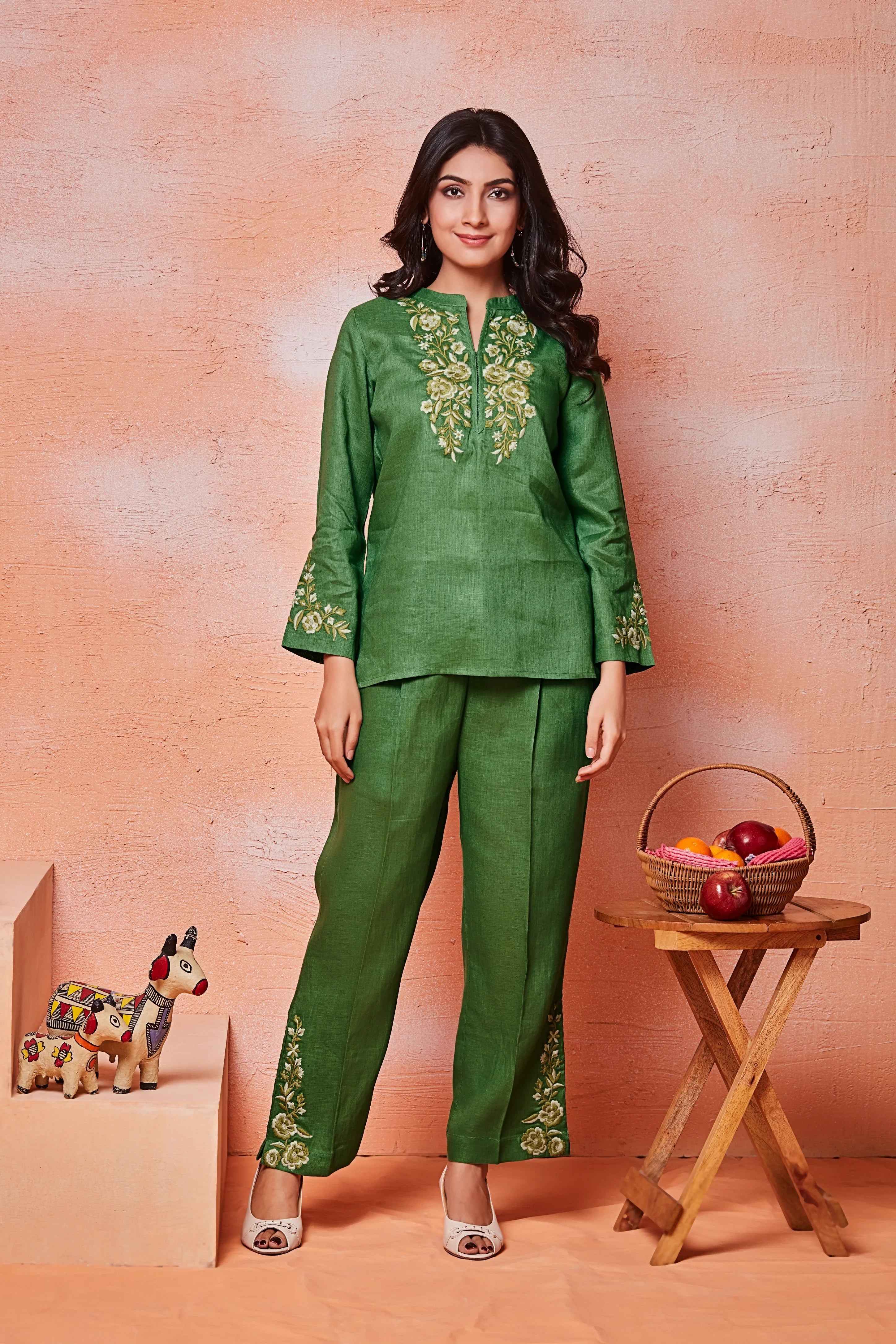 Meadow Green Linen Co-ord Set with Yellow and Ivory Floral Embroidery | Mokshaa