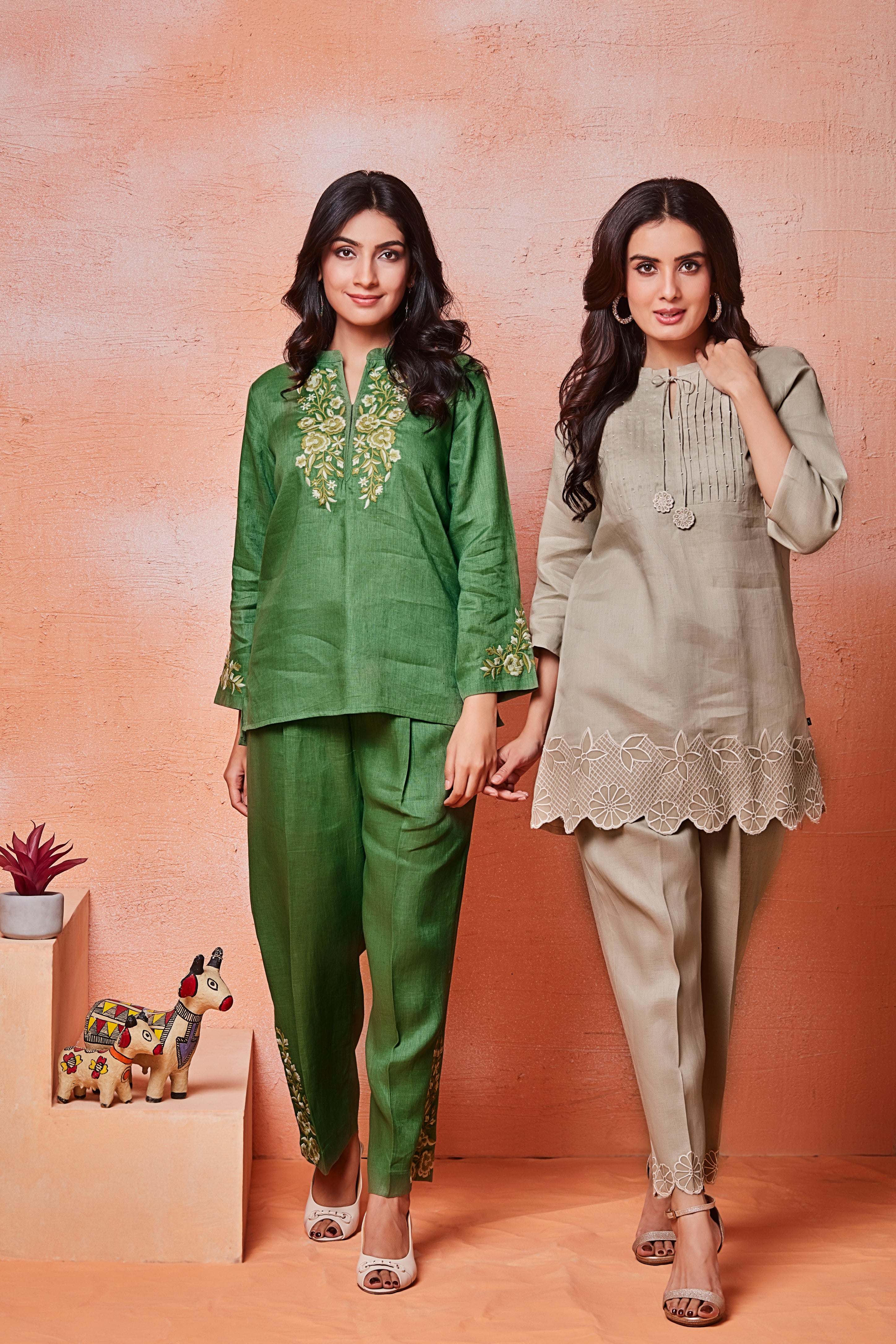 Meadow Green Linen Co-ord Set with Yellow and Ivory Floral Embroidery