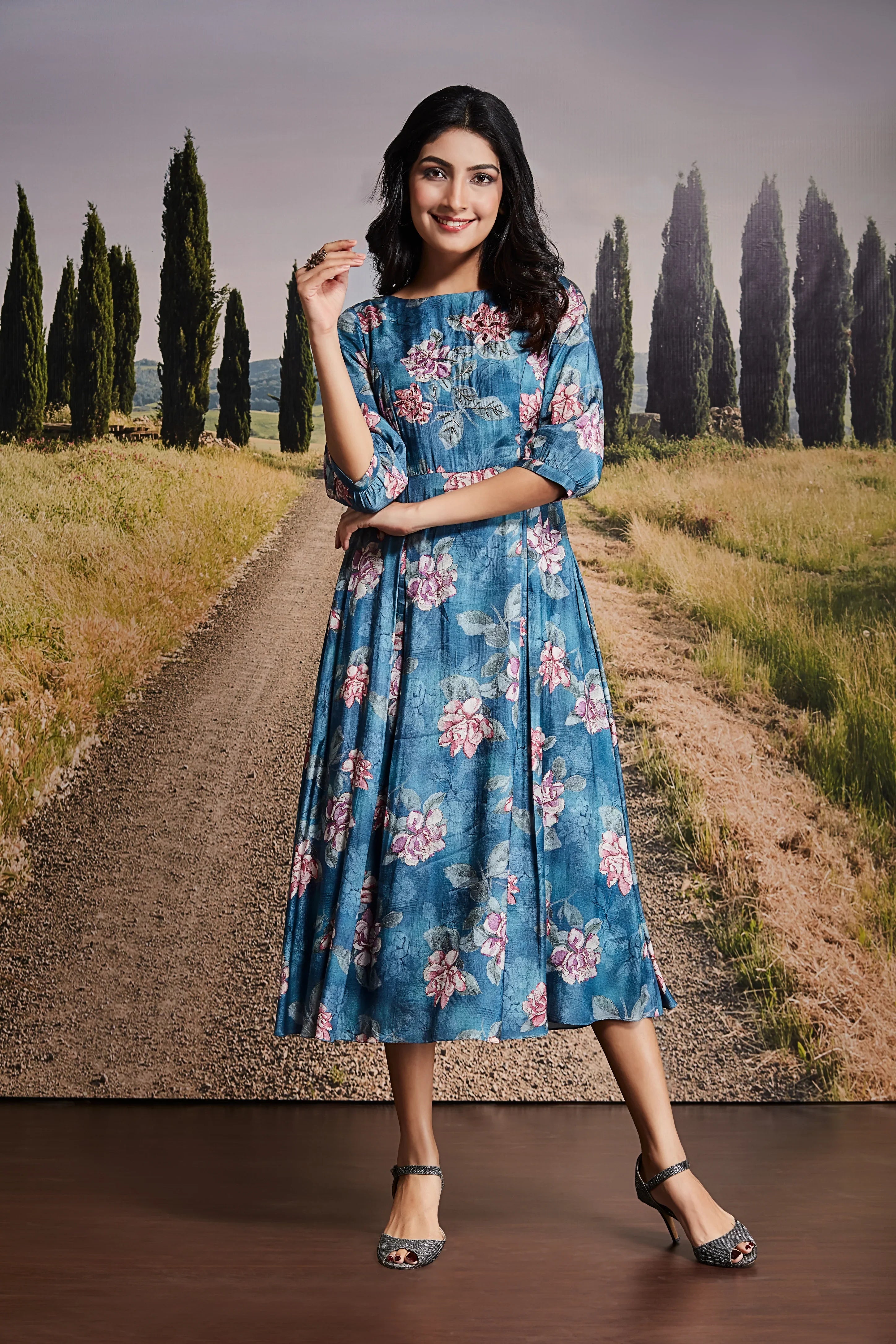 Blue Cotton Midi Dress with Pink Floral Print | Mokshaa
