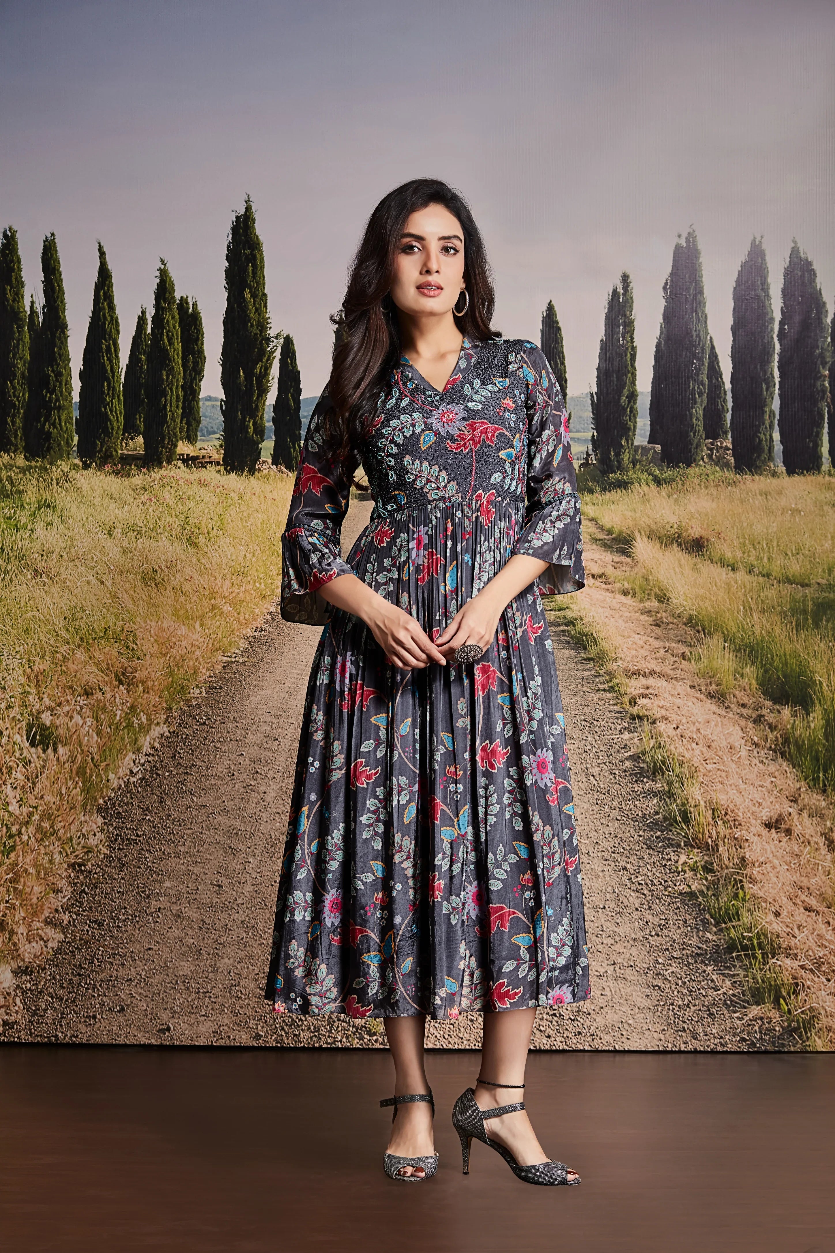 Grey Cotton Midi Dress with Multicolour Floral Print | Mokshaa