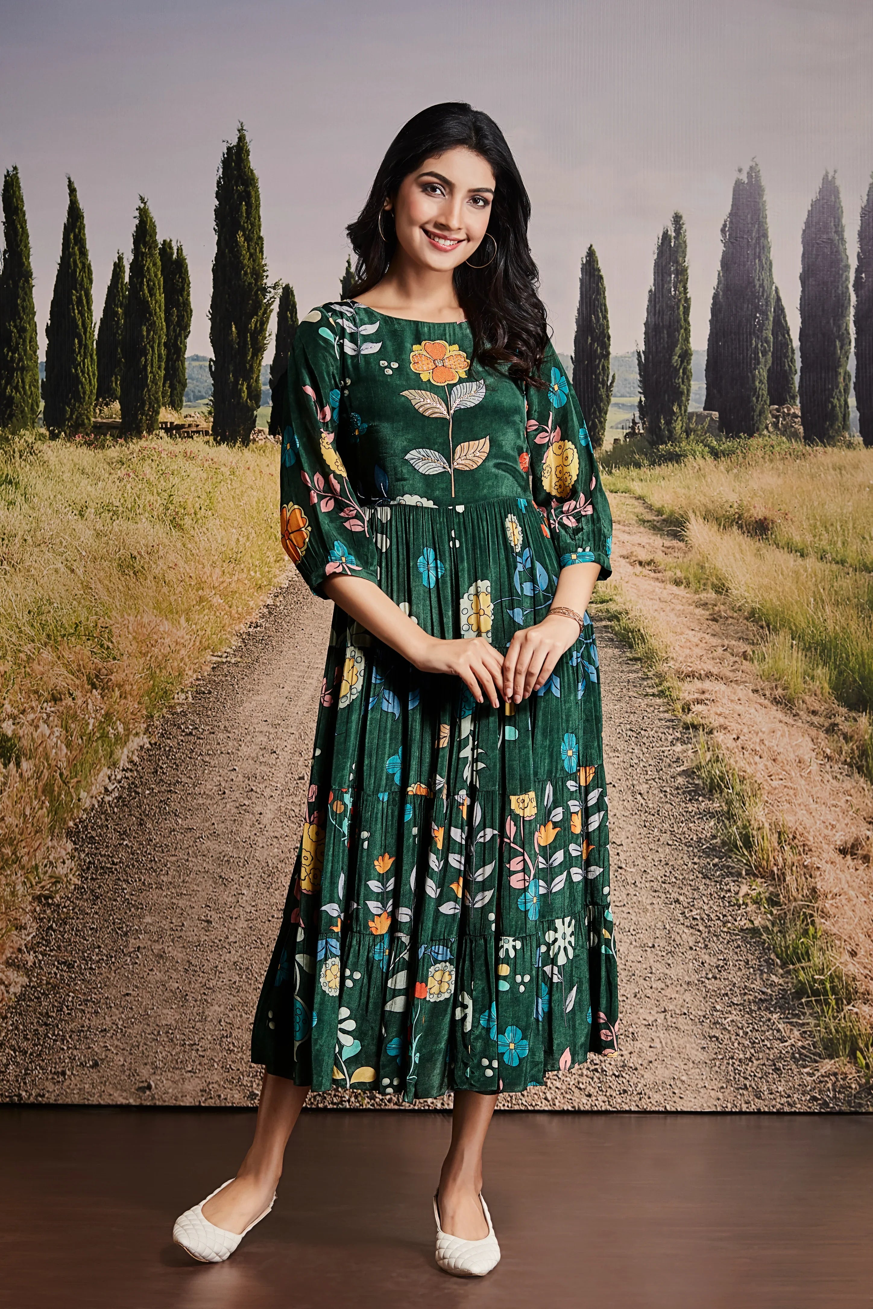 Green Cotton Midi Dress with Multicolour Floral Print | Mokshaa