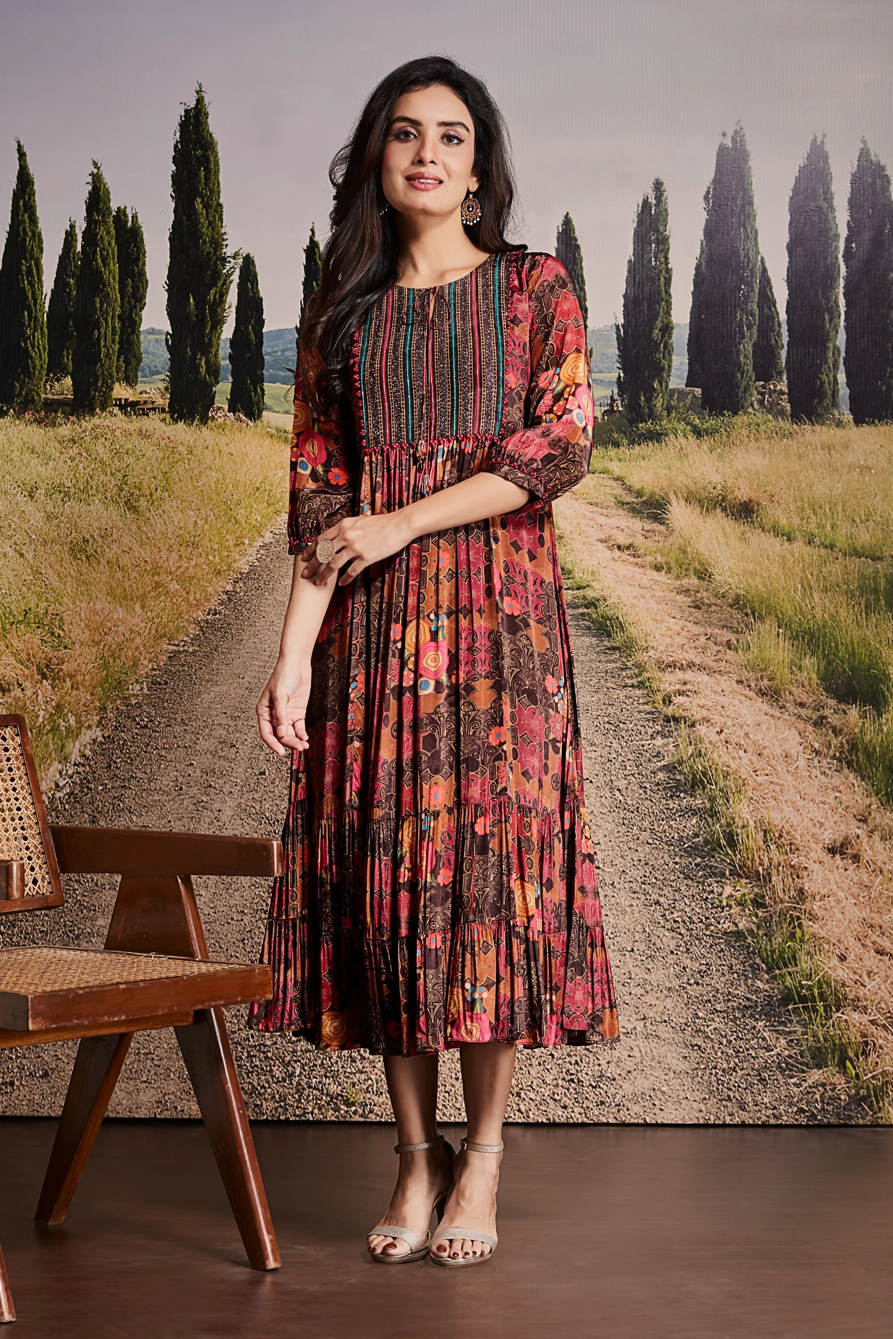 Rust & Brown Cotton Midi Dress with Multicolour Print | Mokshaa