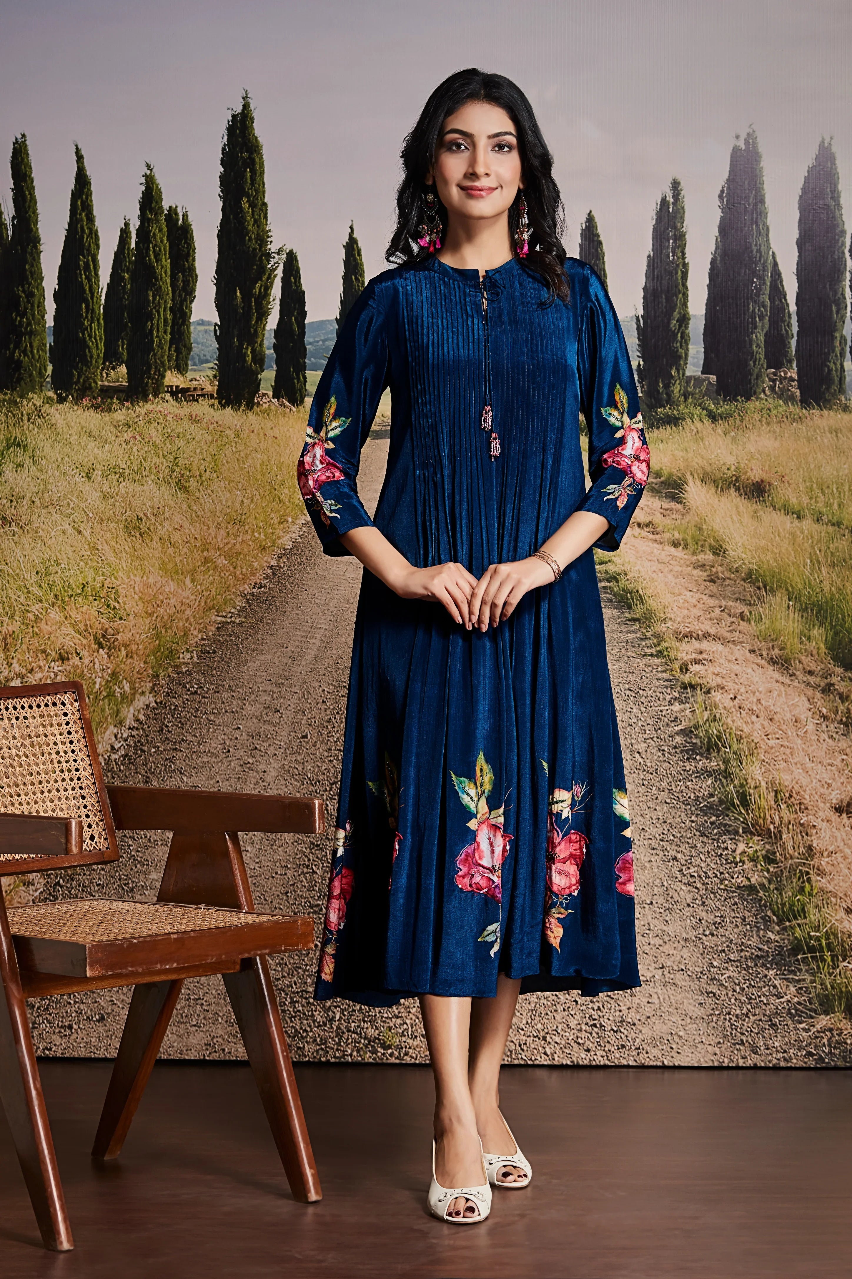 Navy Blue Cotton Midi Dress with Floral Embroidery | Mokshaa