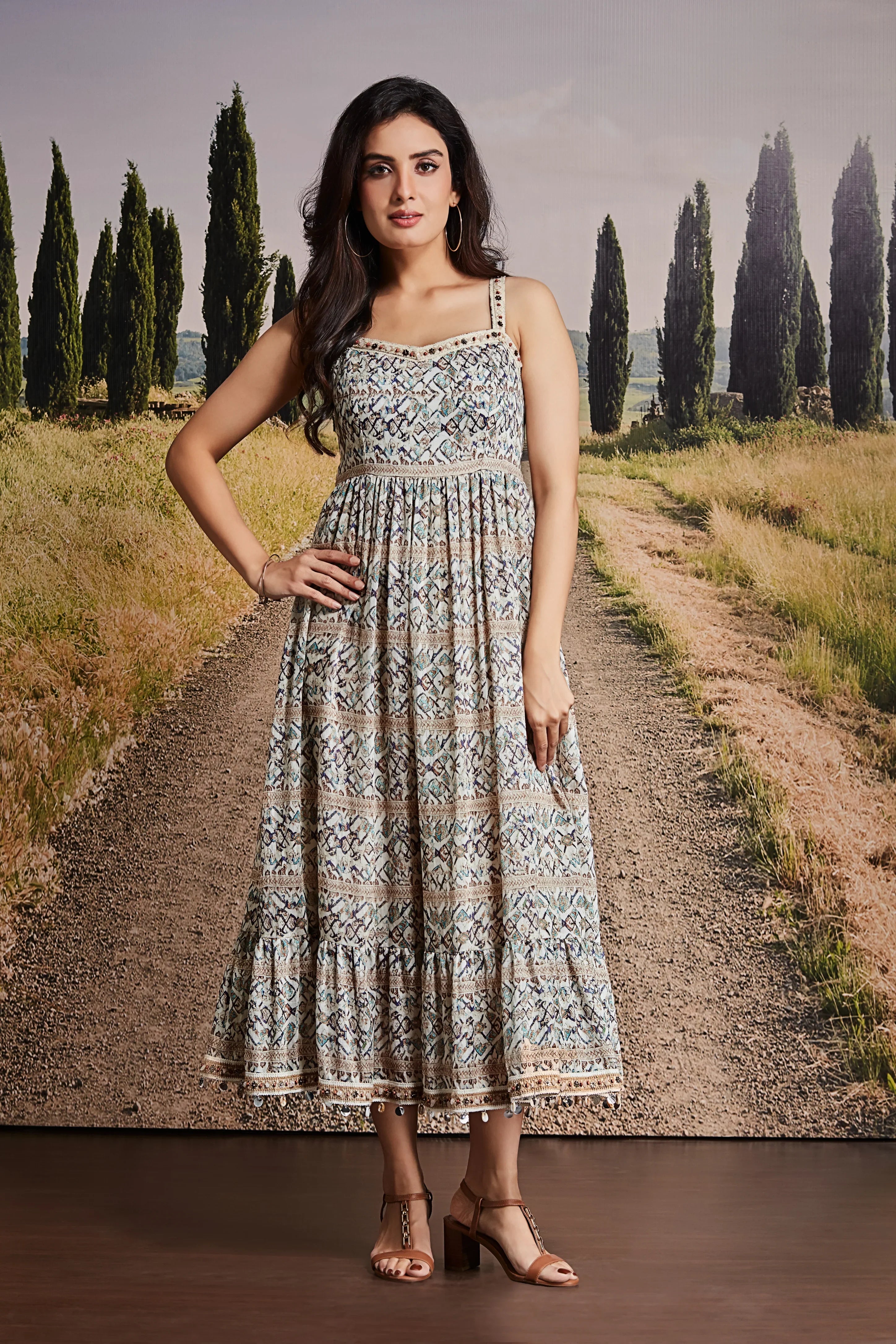 Beige Printed Cotton Midi Dress with Strappy Detailing | Mokshaa