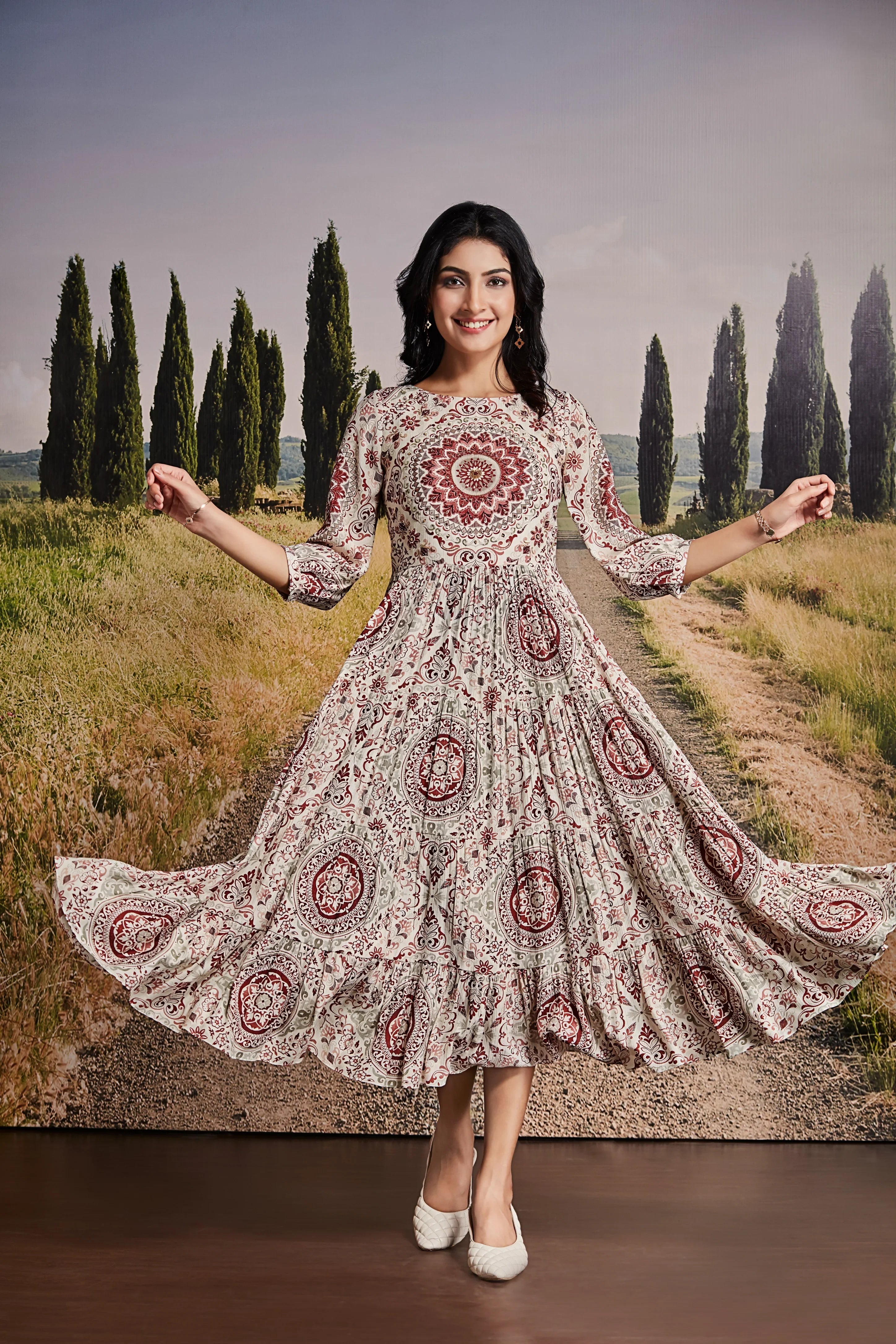 Cream & Maroon Cotton Midi Dress with Mandala Print | Mokshaa