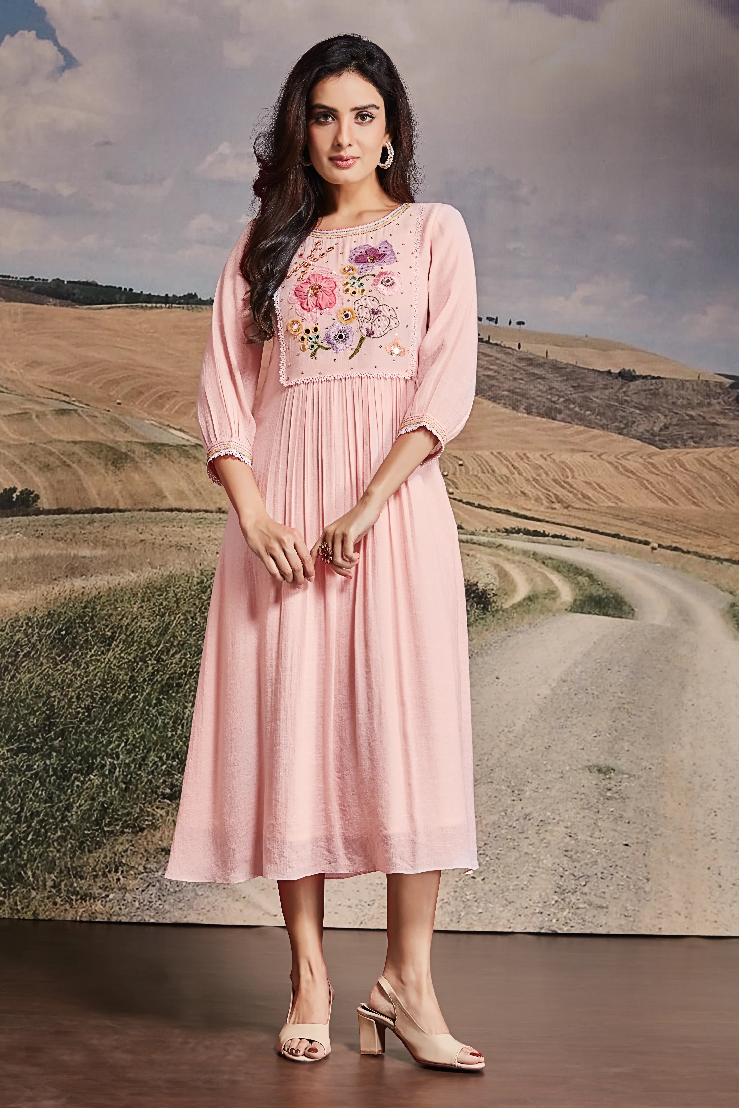 Pastel Pink Cotton Midi Dress with Embroidered Yoke | Mokshaa