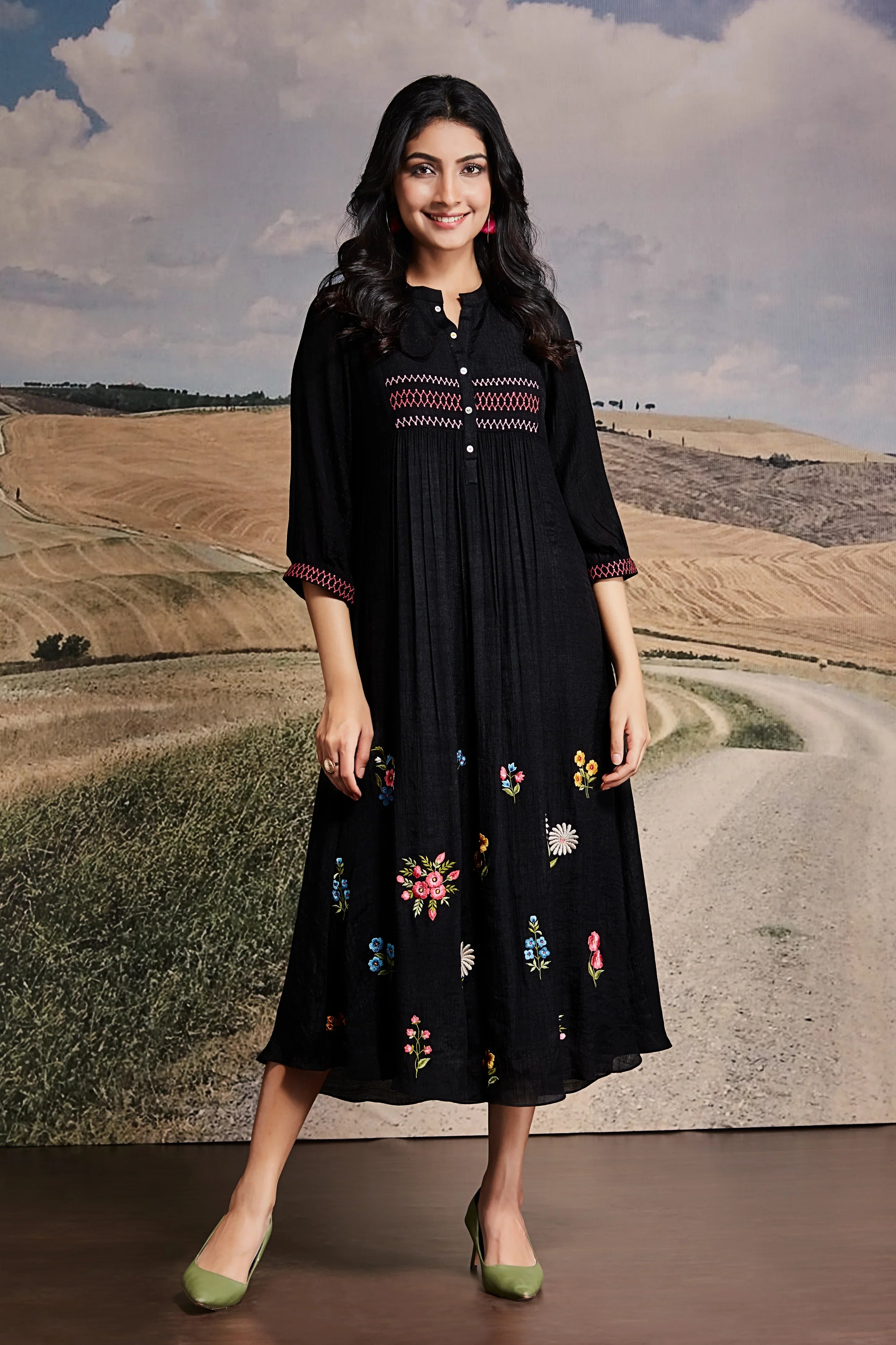 Black Cotton Midi Dress with Multicolor Embroidery | Mokshaa