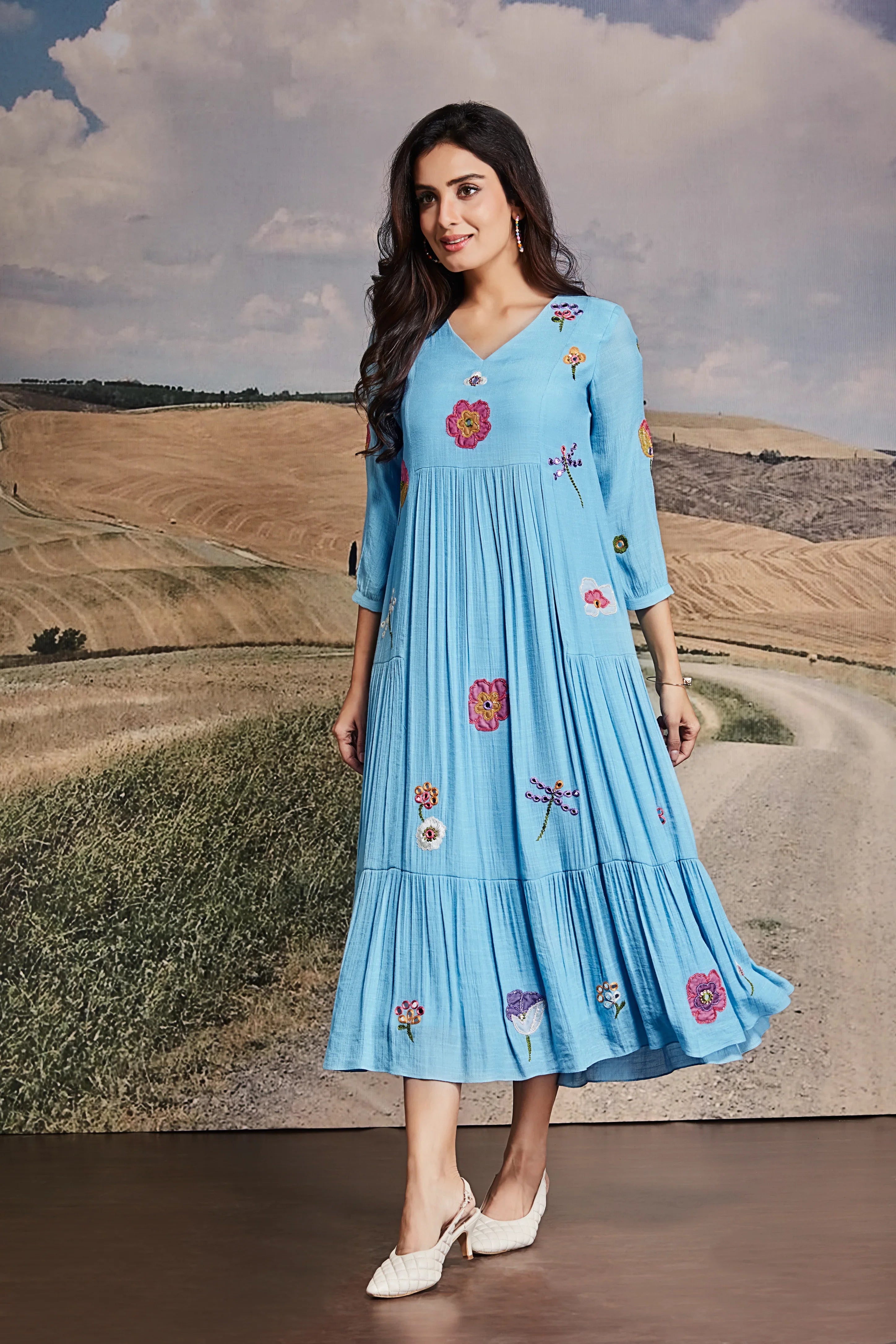 Embroidered Blue Cotton Midi Dress with Tiered Hem | Mokshaa