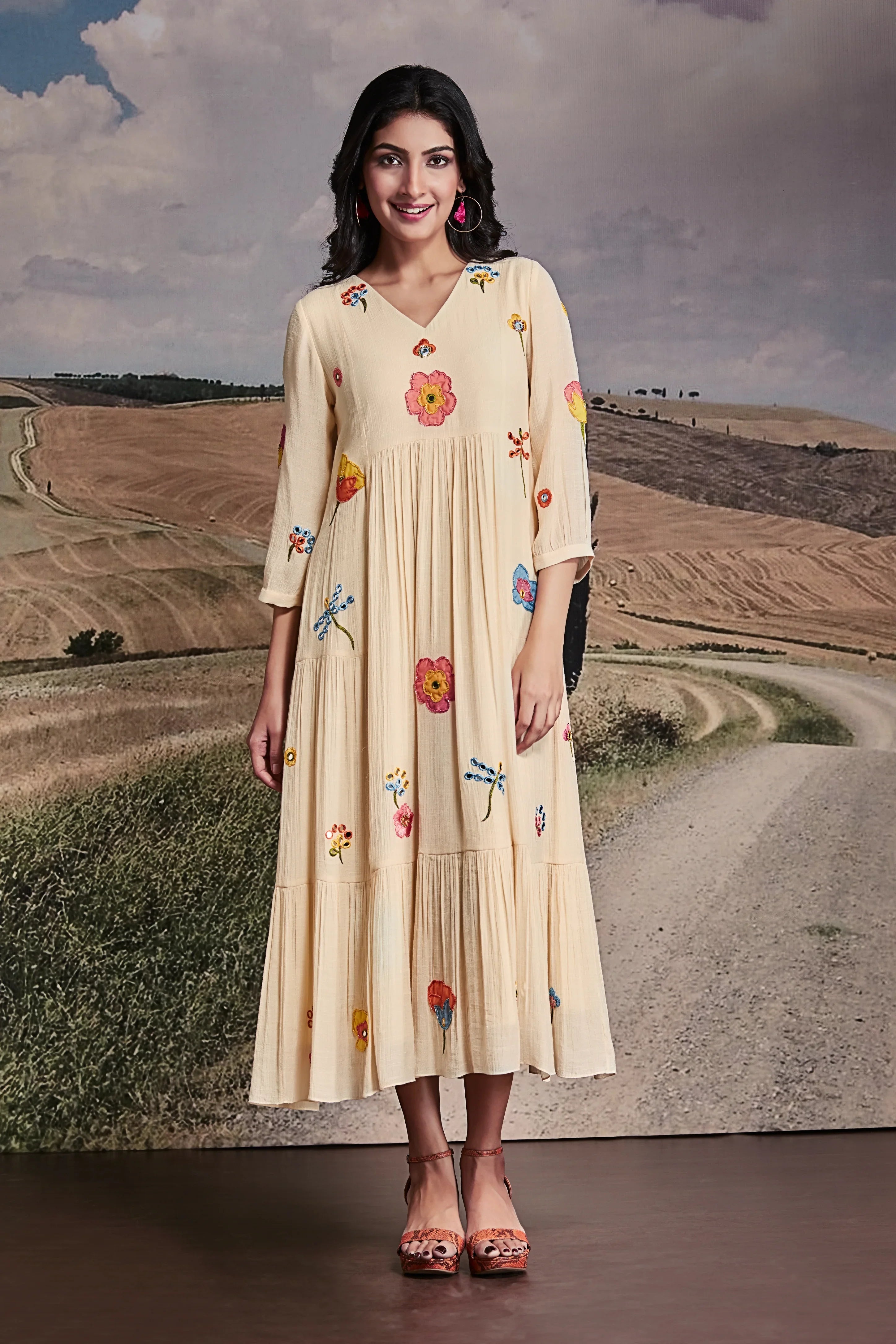 Embroidered Cream Cotton Midi Dress with Flared Hem | Mokshaa