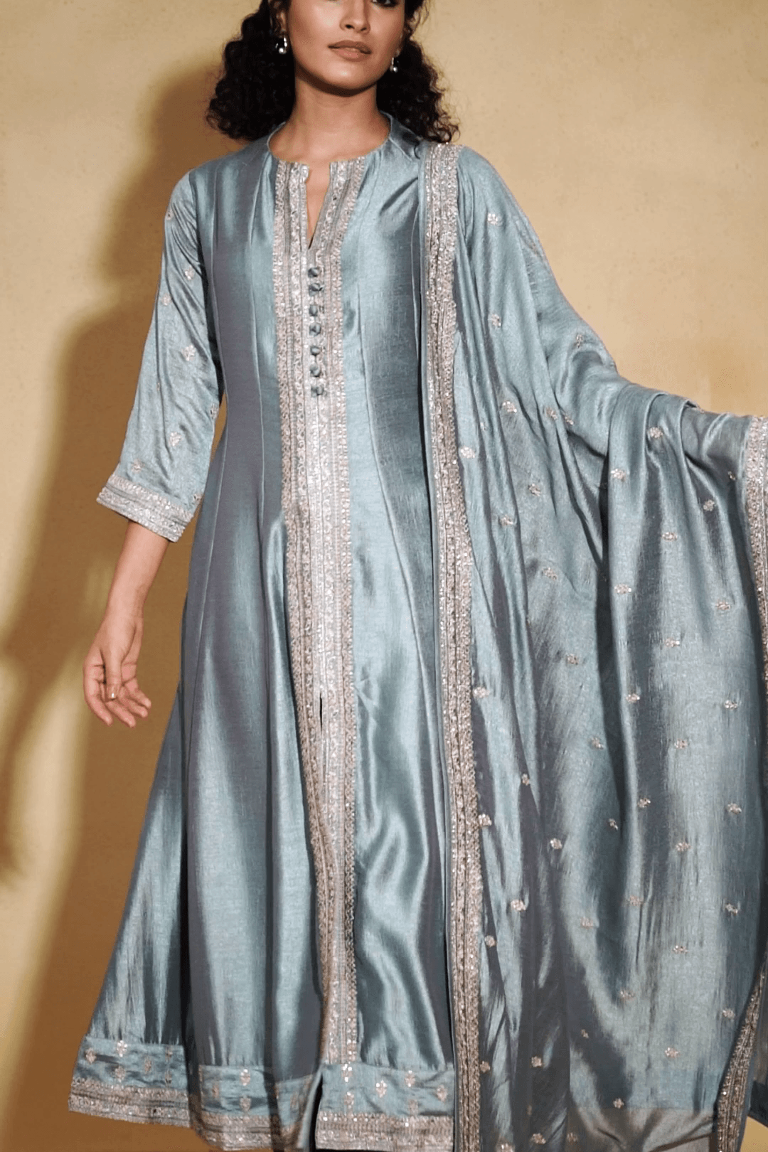 Exquisite Sky Blue Silk Anarkali Suit Set with Satin-Silk Dupatta Mokshaa
