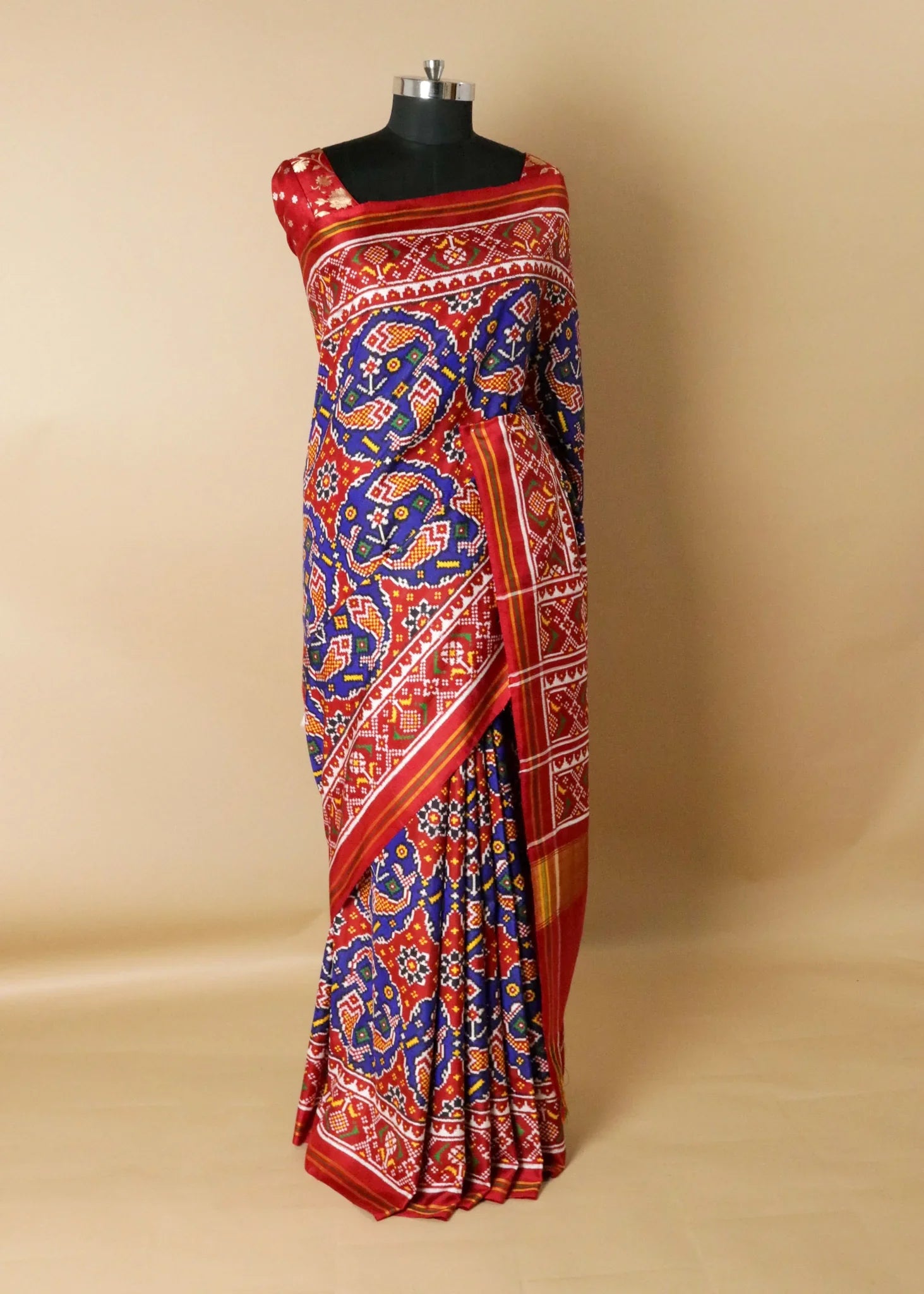 Royal Blue Patan Patola Saree with Red Contrast Border & Double Pallu | Mokshaa