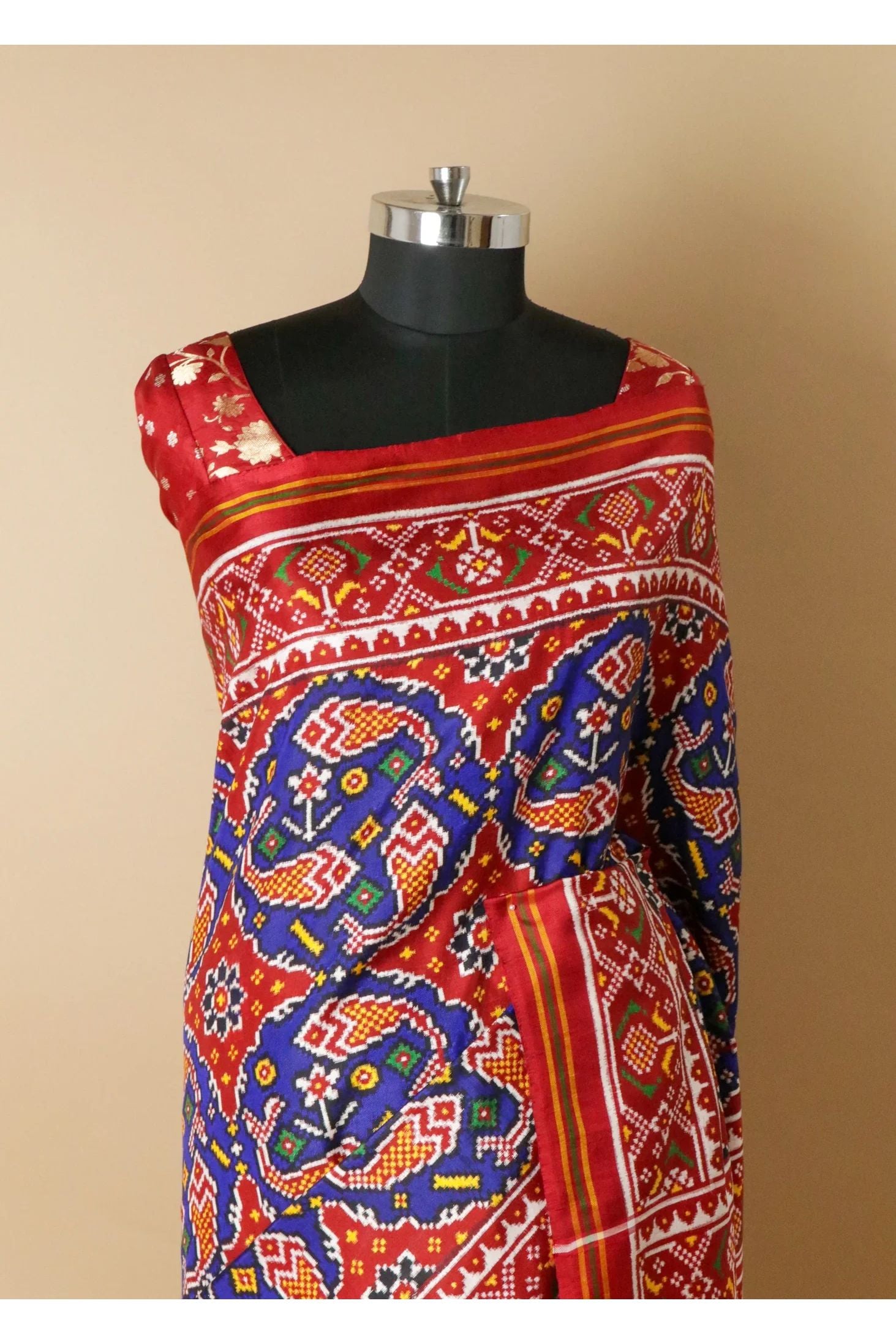 Royal Blue Patan Patola Saree with Red Contrast Border & Double Pallu - Mokshaa