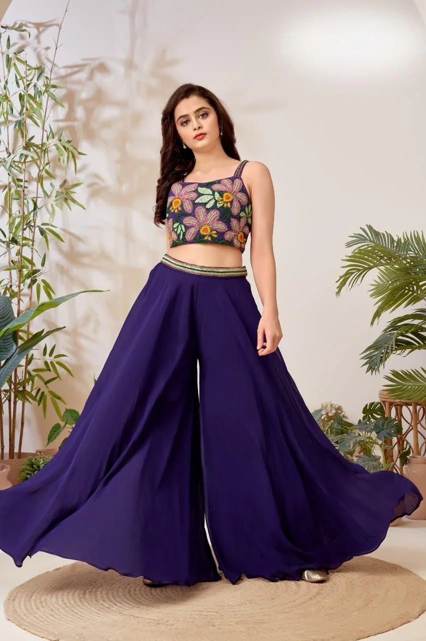 Dark Purple Palazzo Set with Multicolor Floral Beaded Blouse | Mokshaa