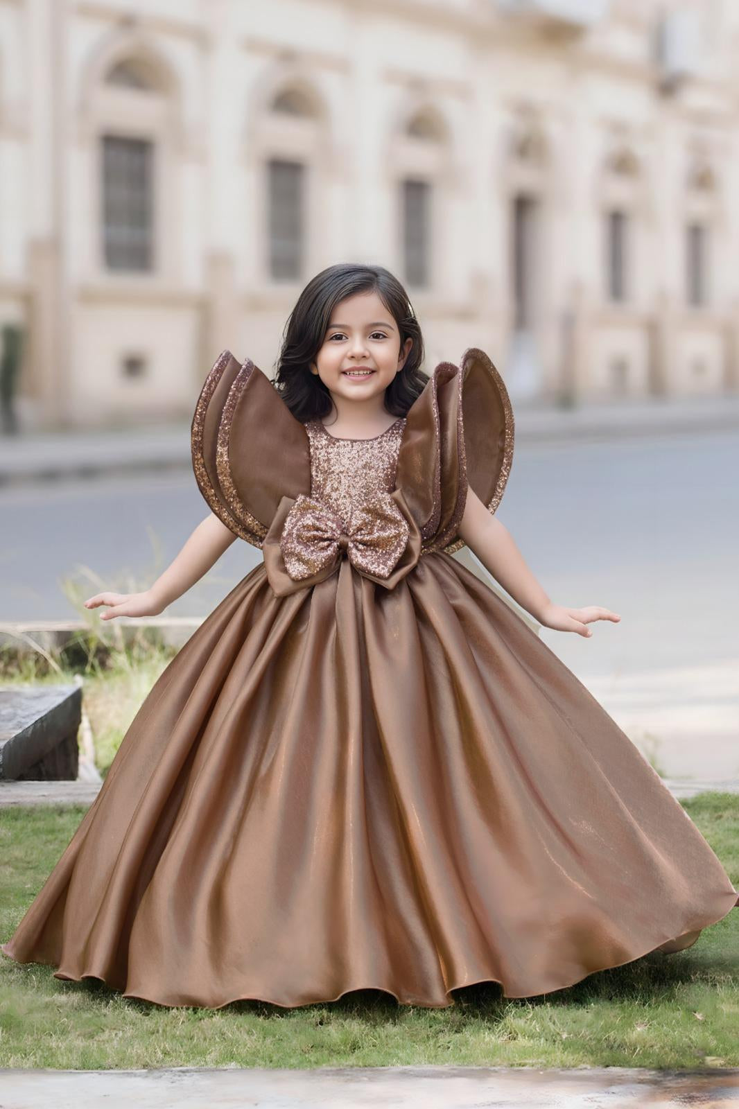Bronze Sequin Bow Girls Party Wear Gown