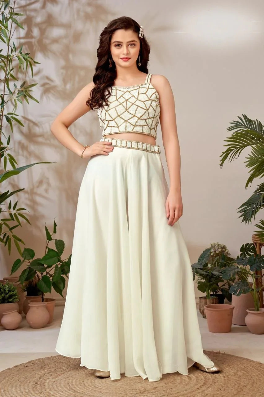 Ivory Kids Palazzo Set with Geometric Beaded Top | Mokshaa