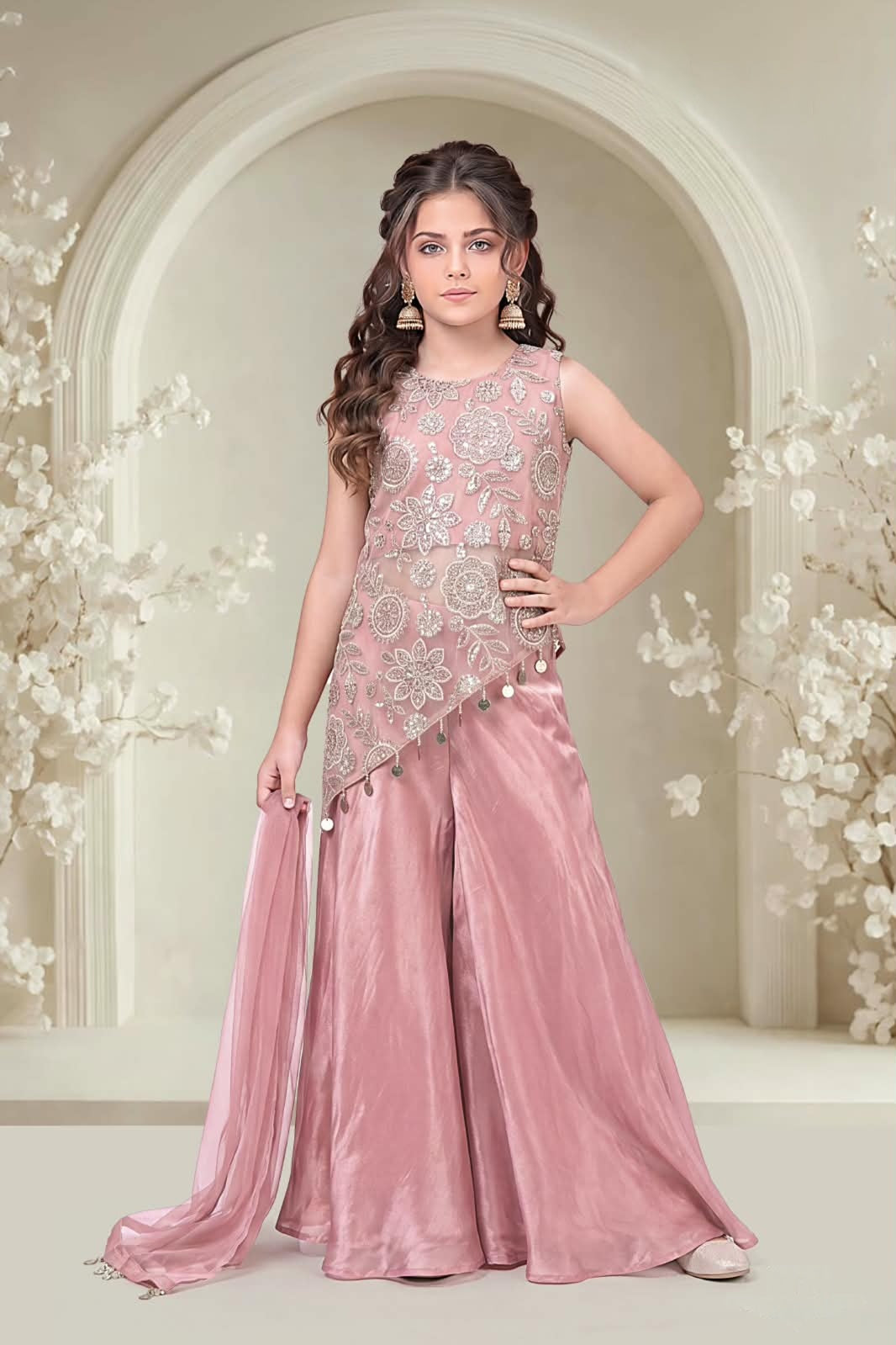 Dusty Rose Embroidered Girls Palazzo Set