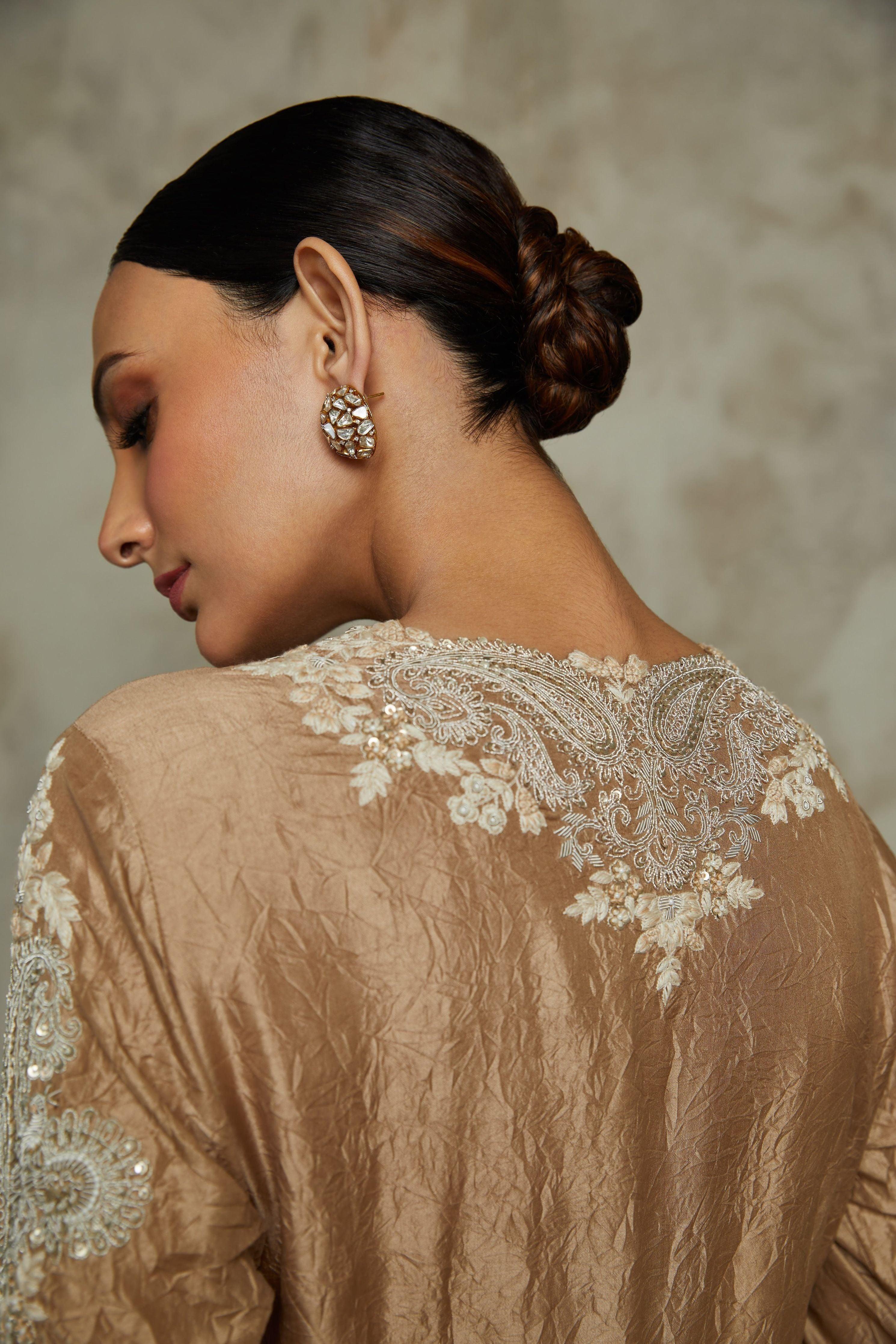 Beige silk crushed kurta with organza dupatta and cotton satin pants  Mokshaa