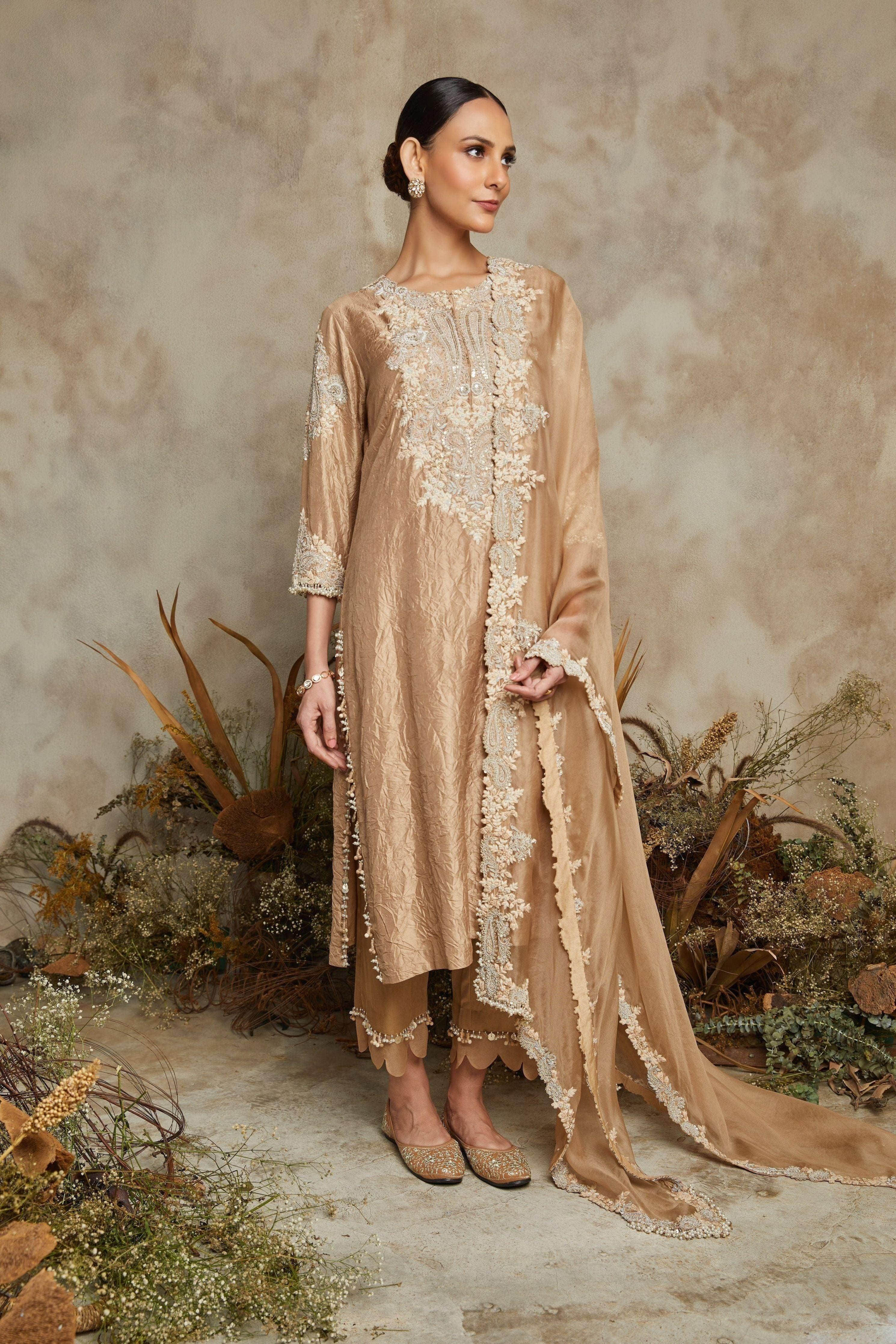 Beige silk crushed kurta with organza dupatta and cotton satin pants