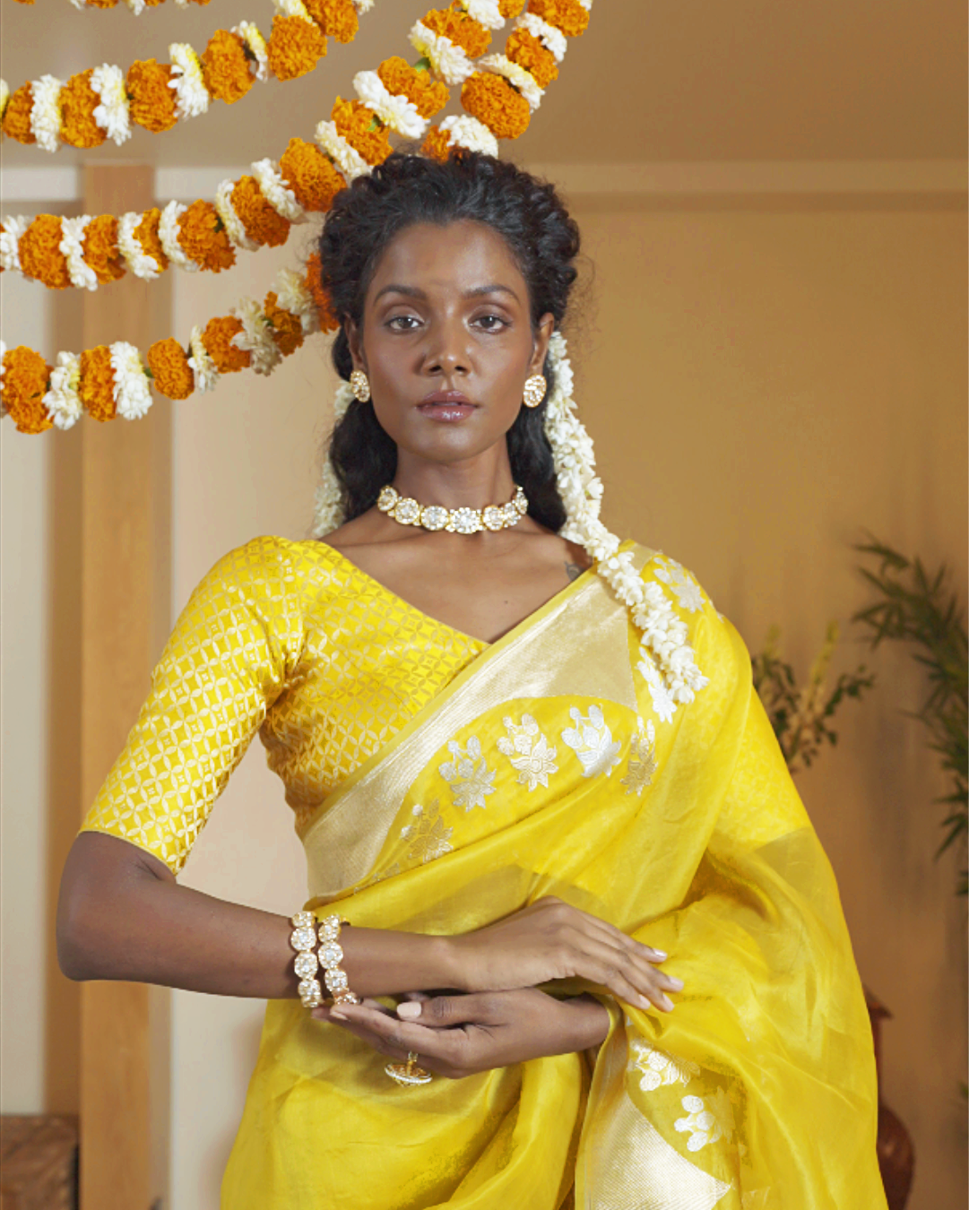 Mustard Banarasi Kora Silk Saree